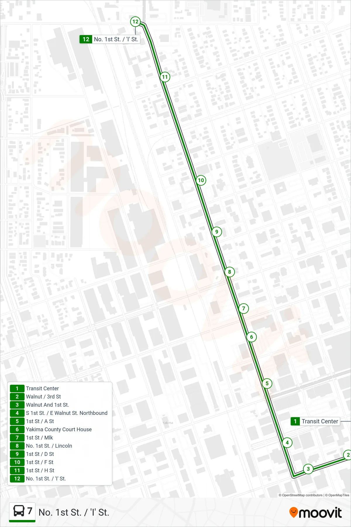 7 bus Line (No. 1st St. / 'I' St.) route and stops on a map