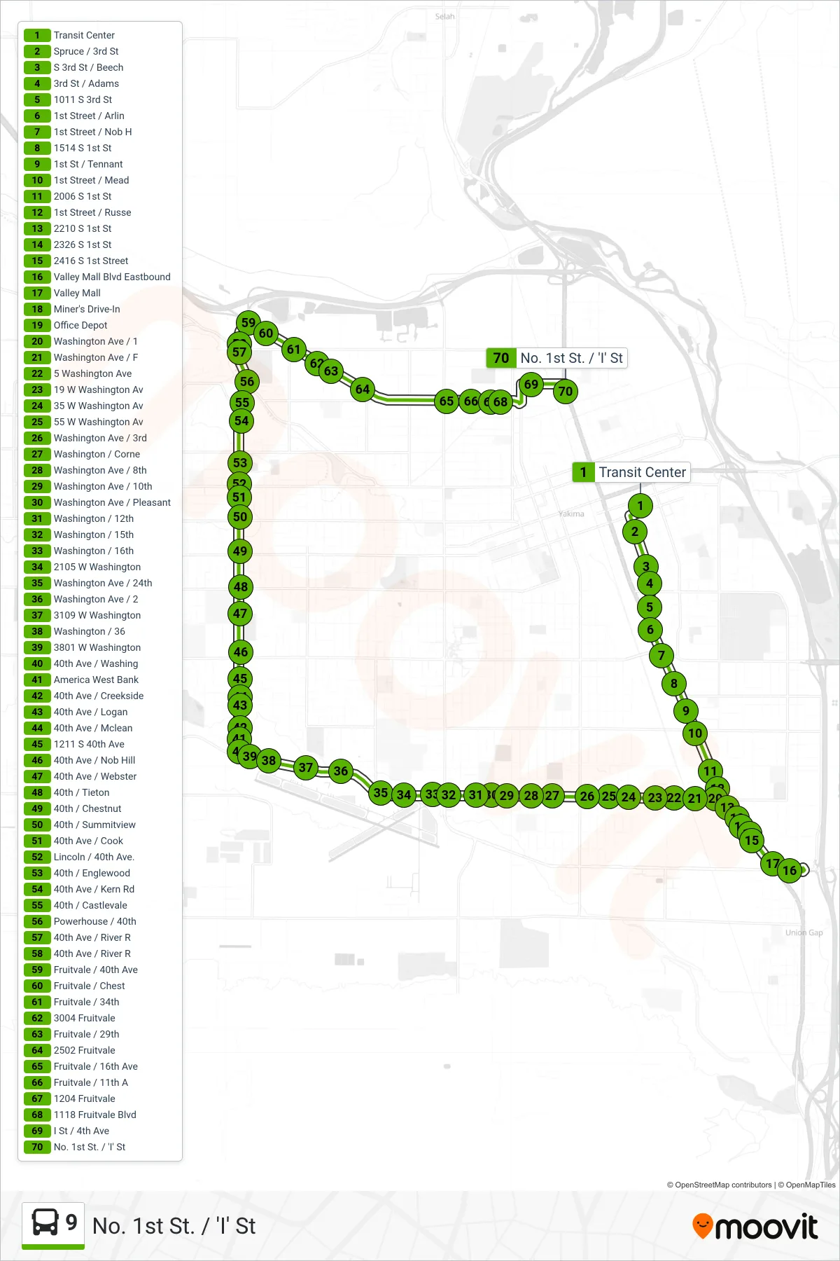 9 bus Line (No. 1st St. /  'I' St) route and stops on a map