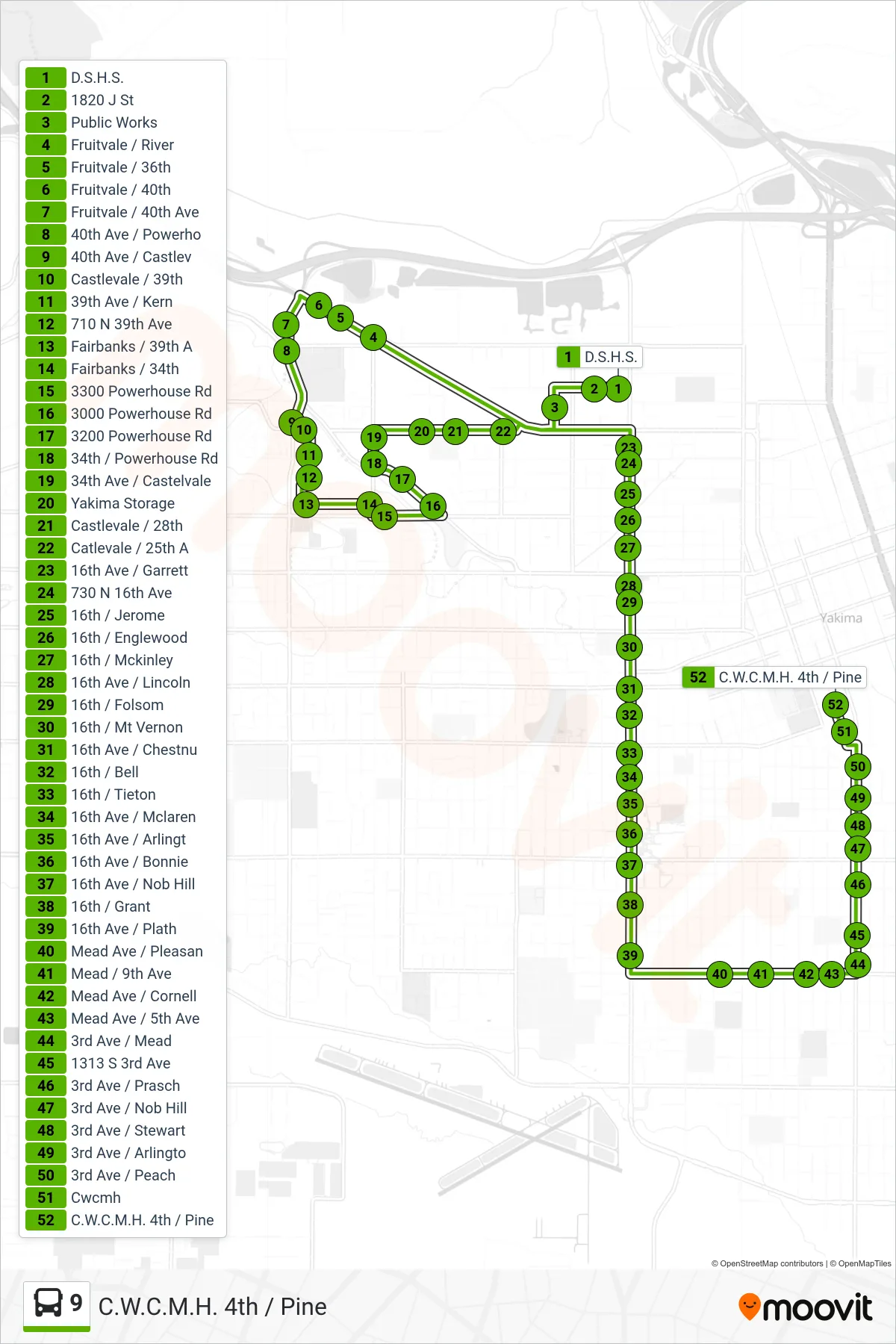 9 bus Line (C.W.C.M.H. 4th / Pine) route and stops on a map