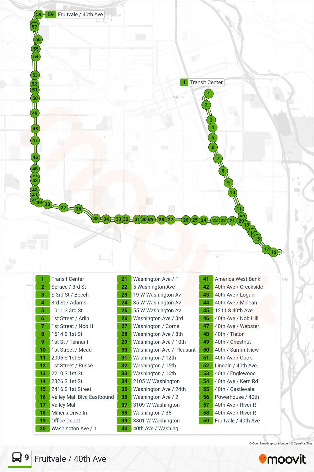 9 bus Line (Fruitvale / 40th Ave) route and stops on a map