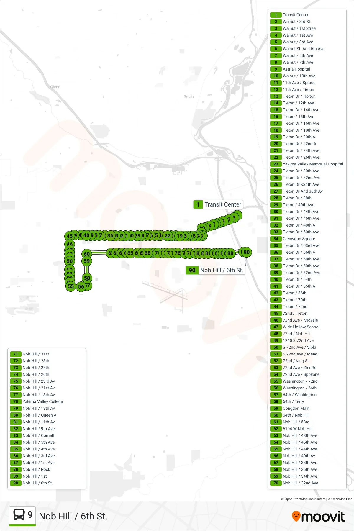 9 bus Line (Nob Hill / 6th St.) route and stops on a map