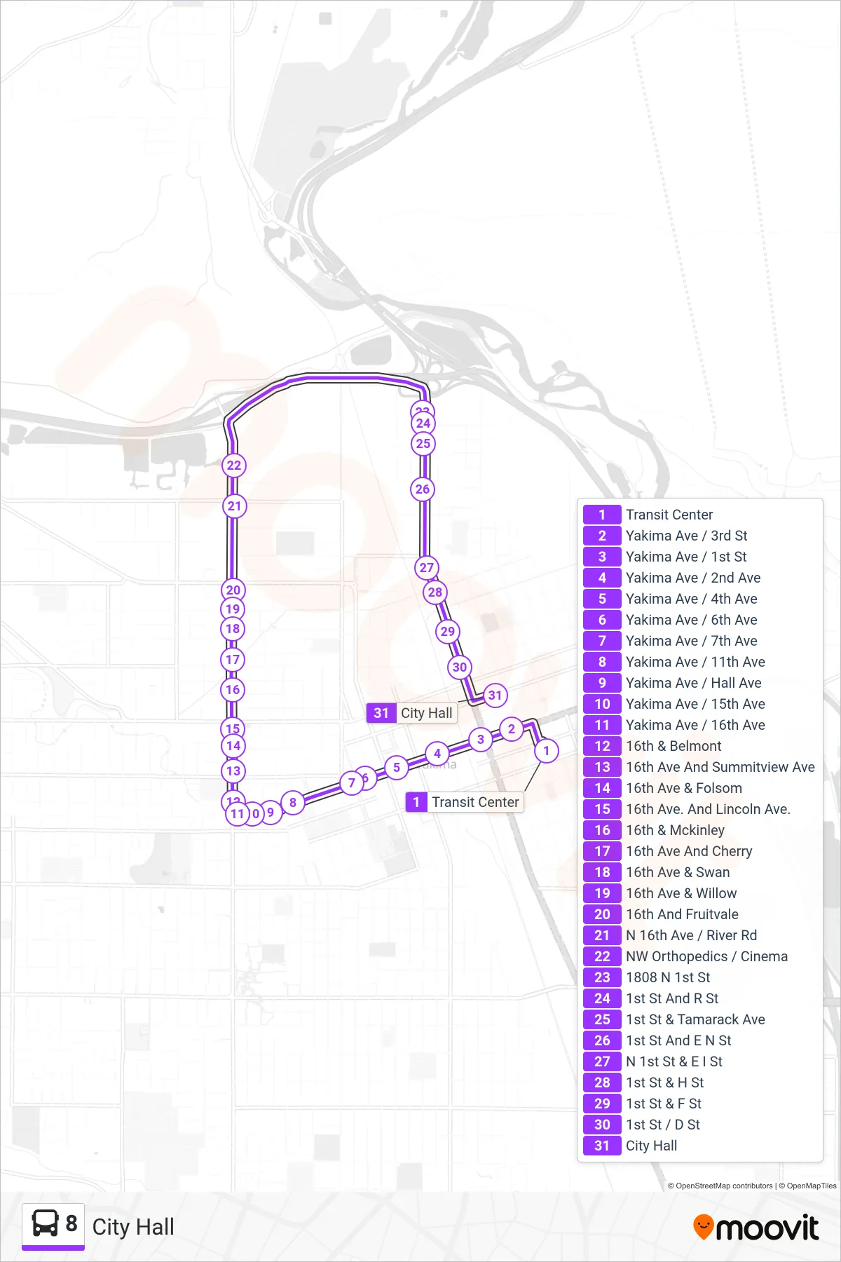 8 bus Line (City Hall) route and stops on a map