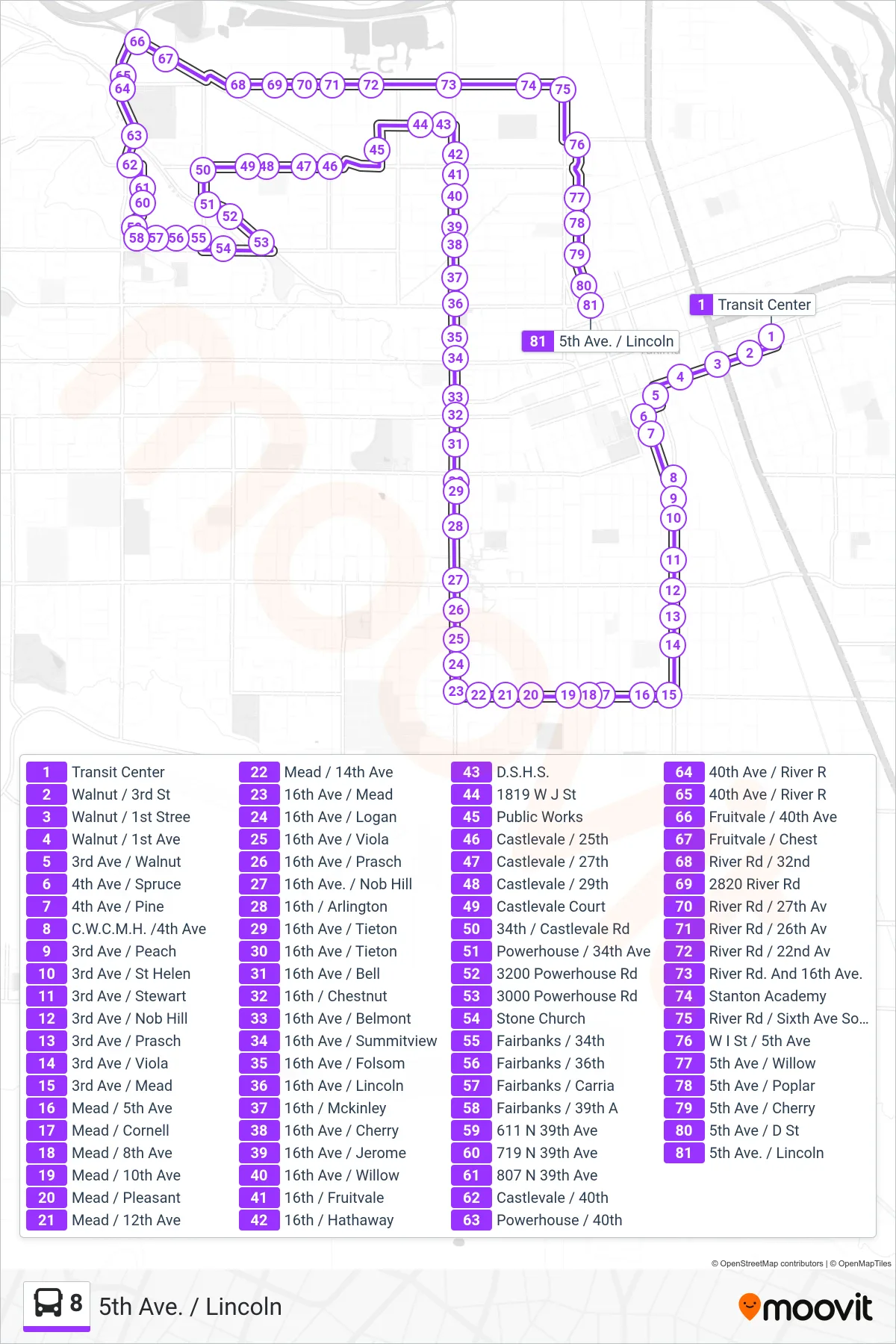 8 bus Line (5th Ave. / Lincoln) route and stops on a map