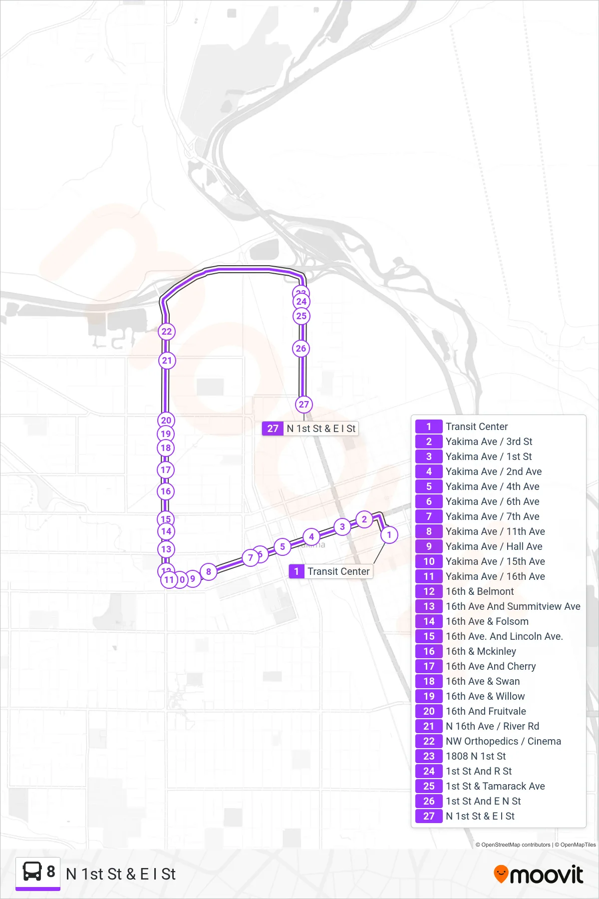 8 bus Line (N 1st St & E I St) route and stops on a map