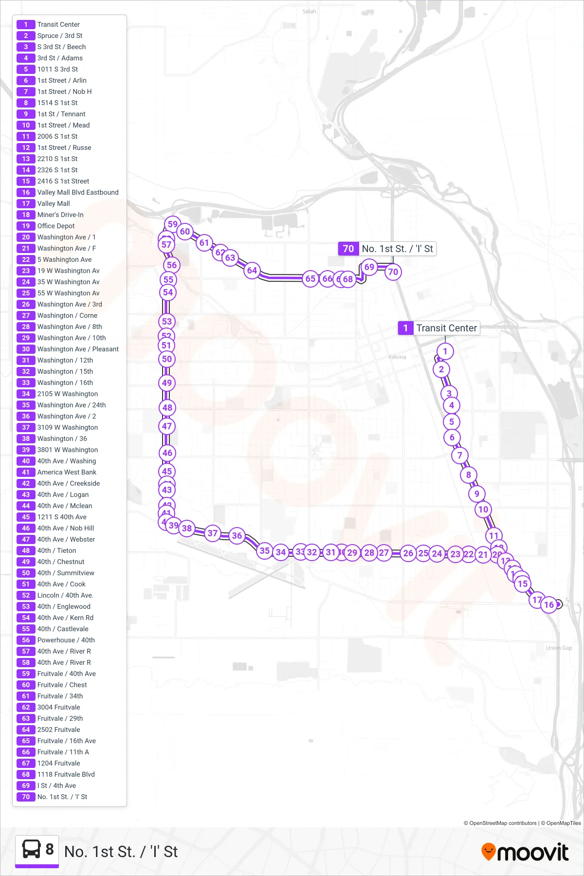 8 bus Line (No. 1st St. / 'I' St) route and stops on a map