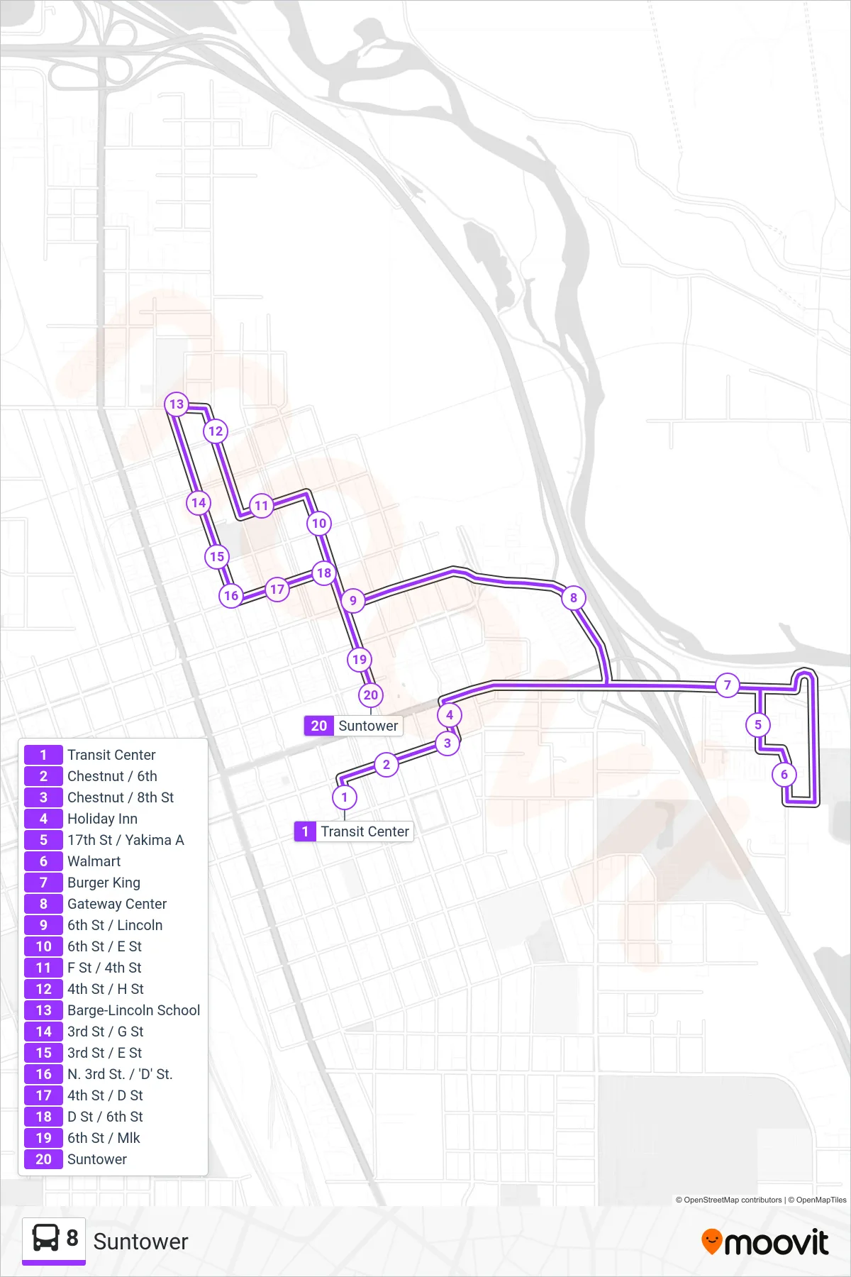 8 bus Line (Suntower) route and stops on a map