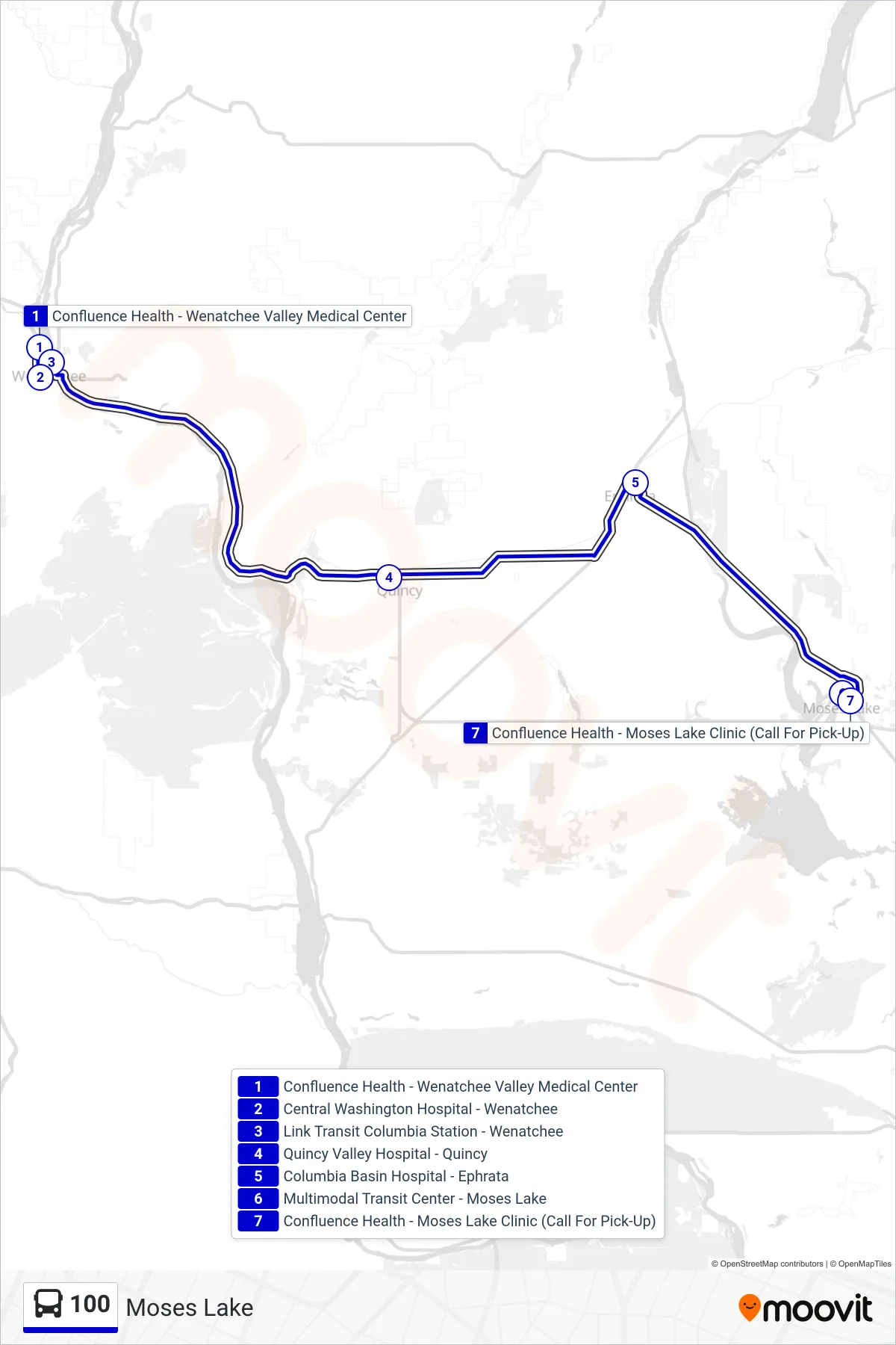 100 bus Line (Moses Lake) route and stops on a map