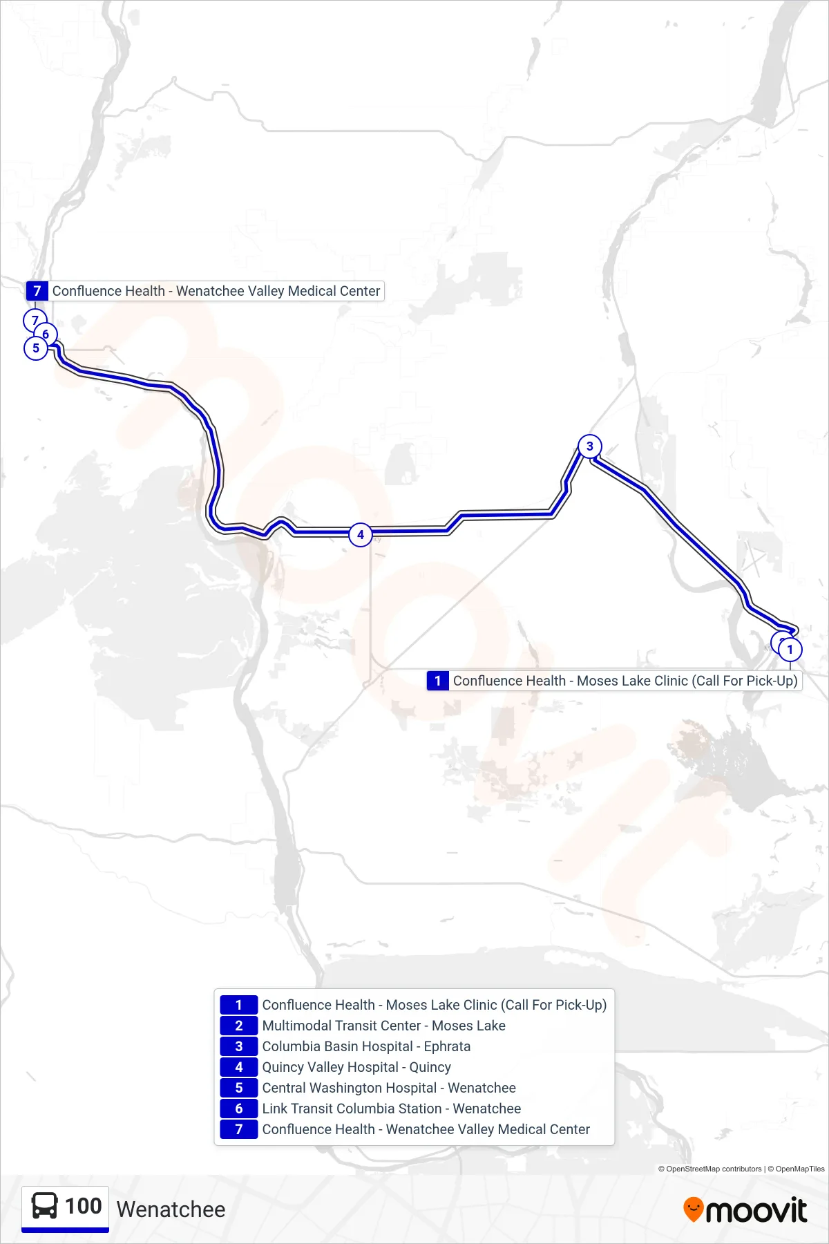 100 bus Line (Wenatchee) route and stops on a map