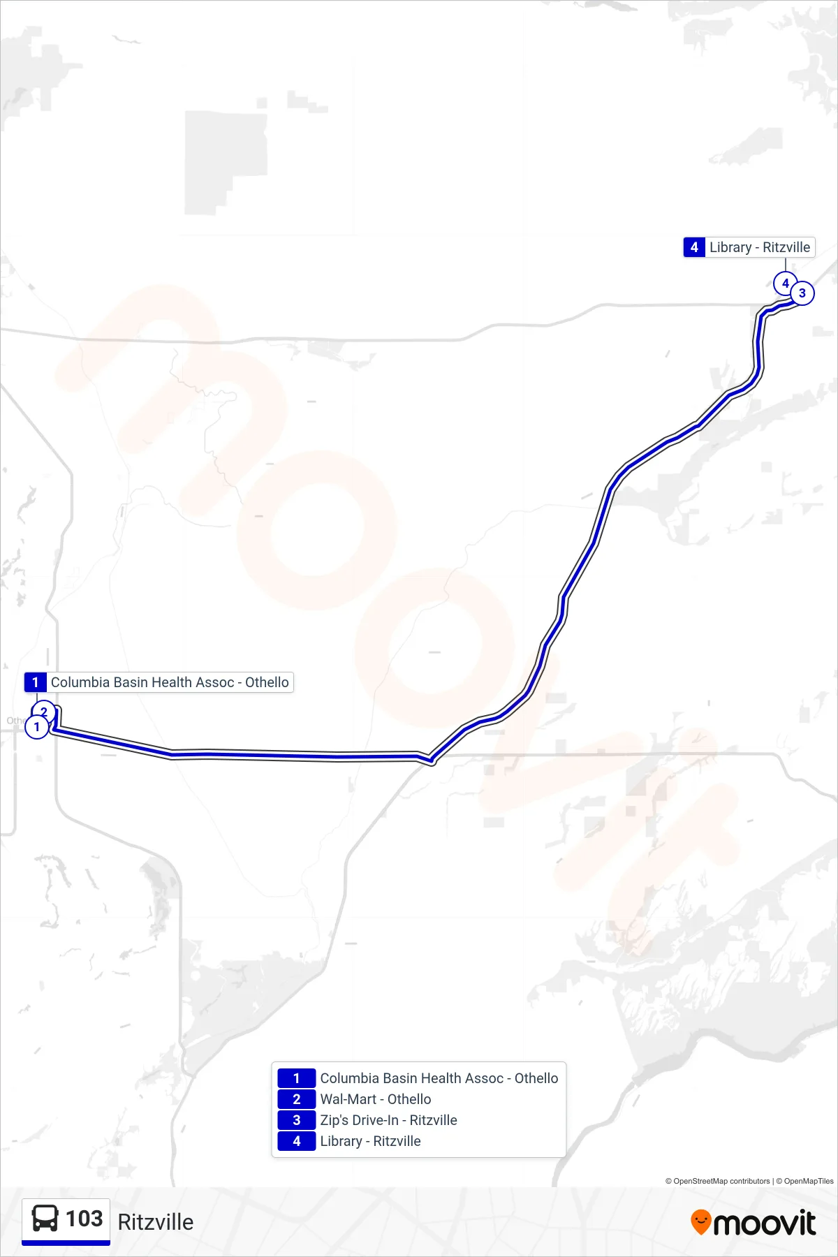 103 bus Line (Ritzville) route and stops on a map