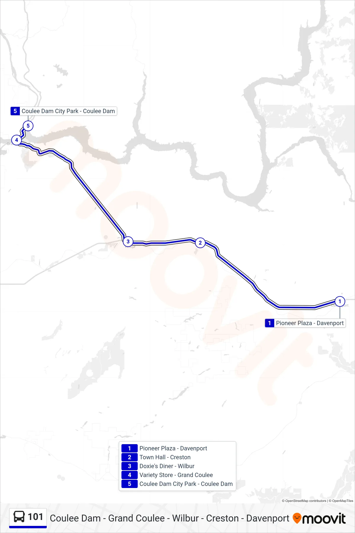 101 bus Line (Coulee Dam) route and stops on a map
