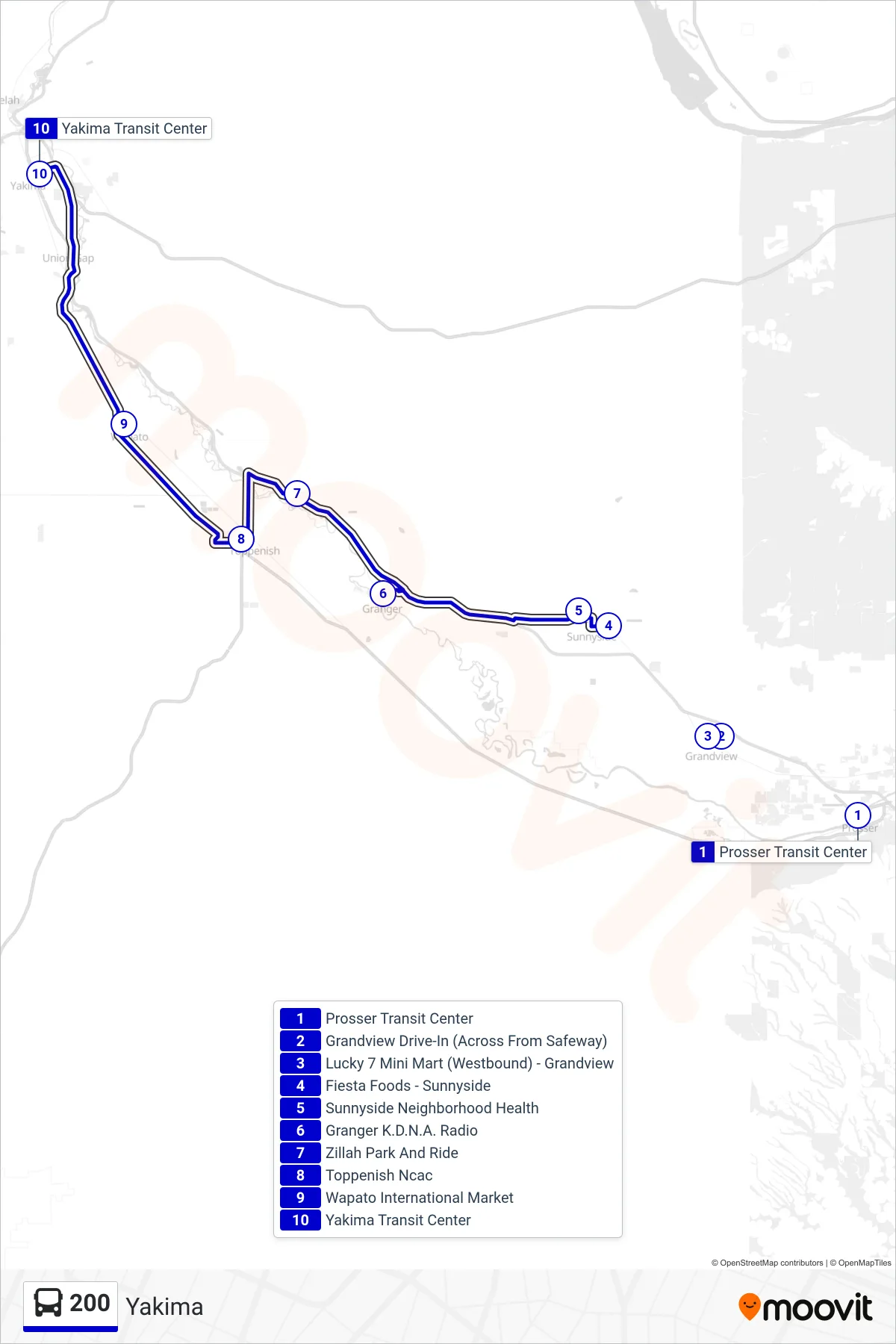 200 bus Line (Yakima) route and stops on a map