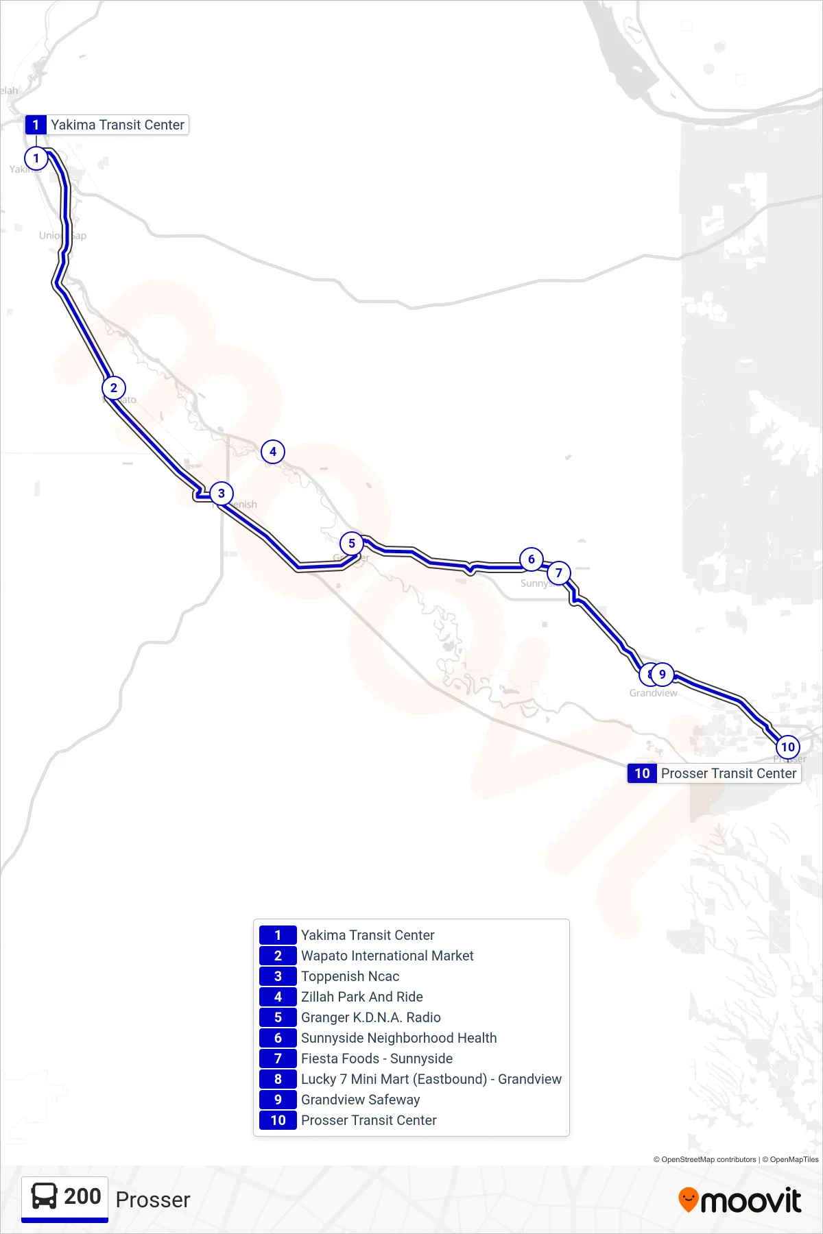 200 bus Line (Prosser) route and stops on a map