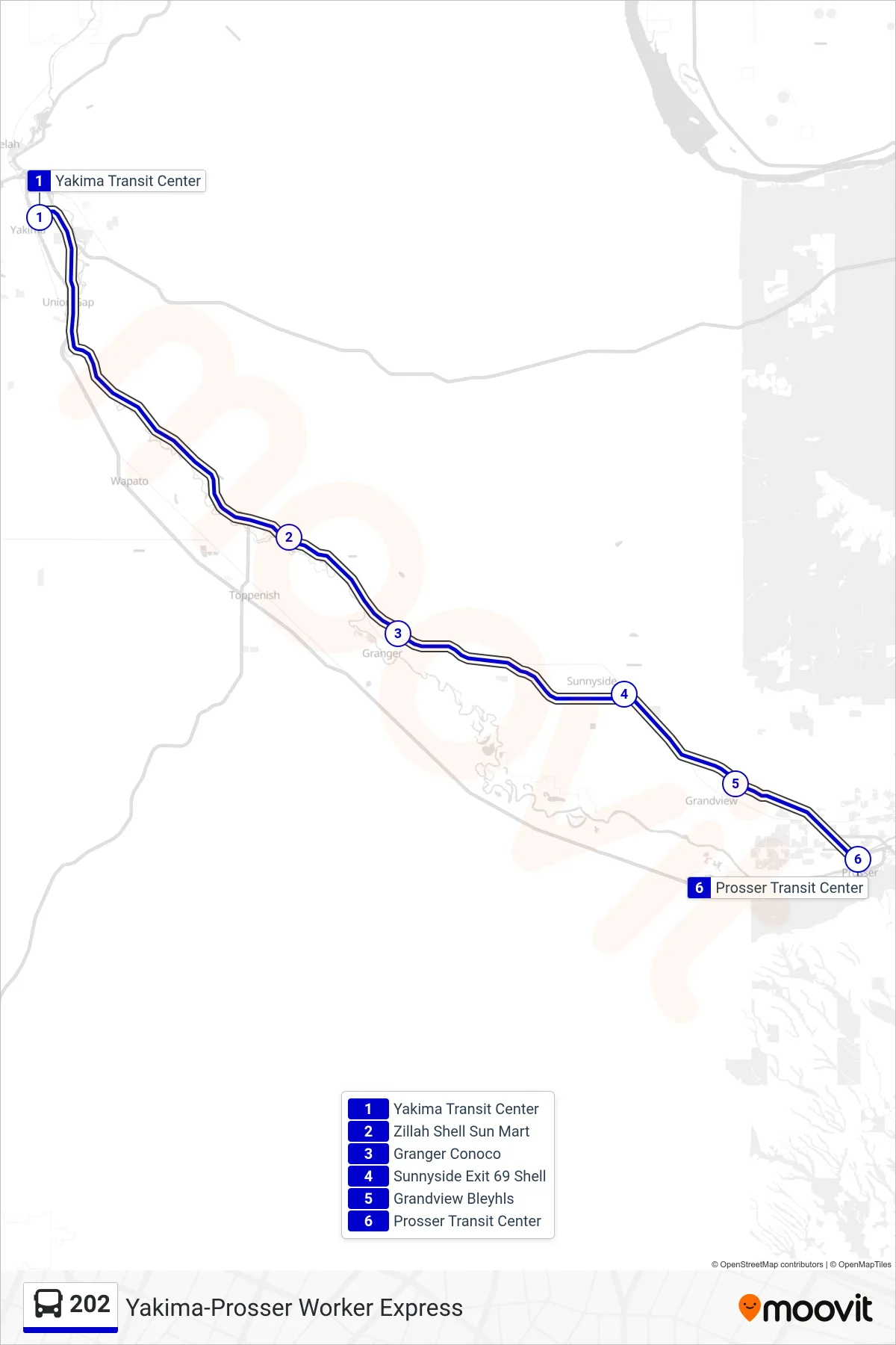 202 bus Line (Yakima-Prosser Worker Express) route and stops on a map