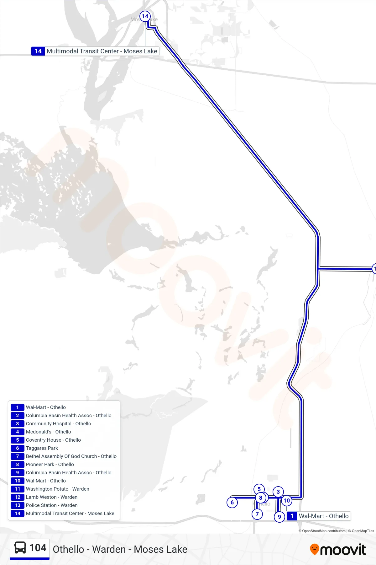 104 bus Line (Multimodal Transit Center - Moses Lake) route and stops on a map