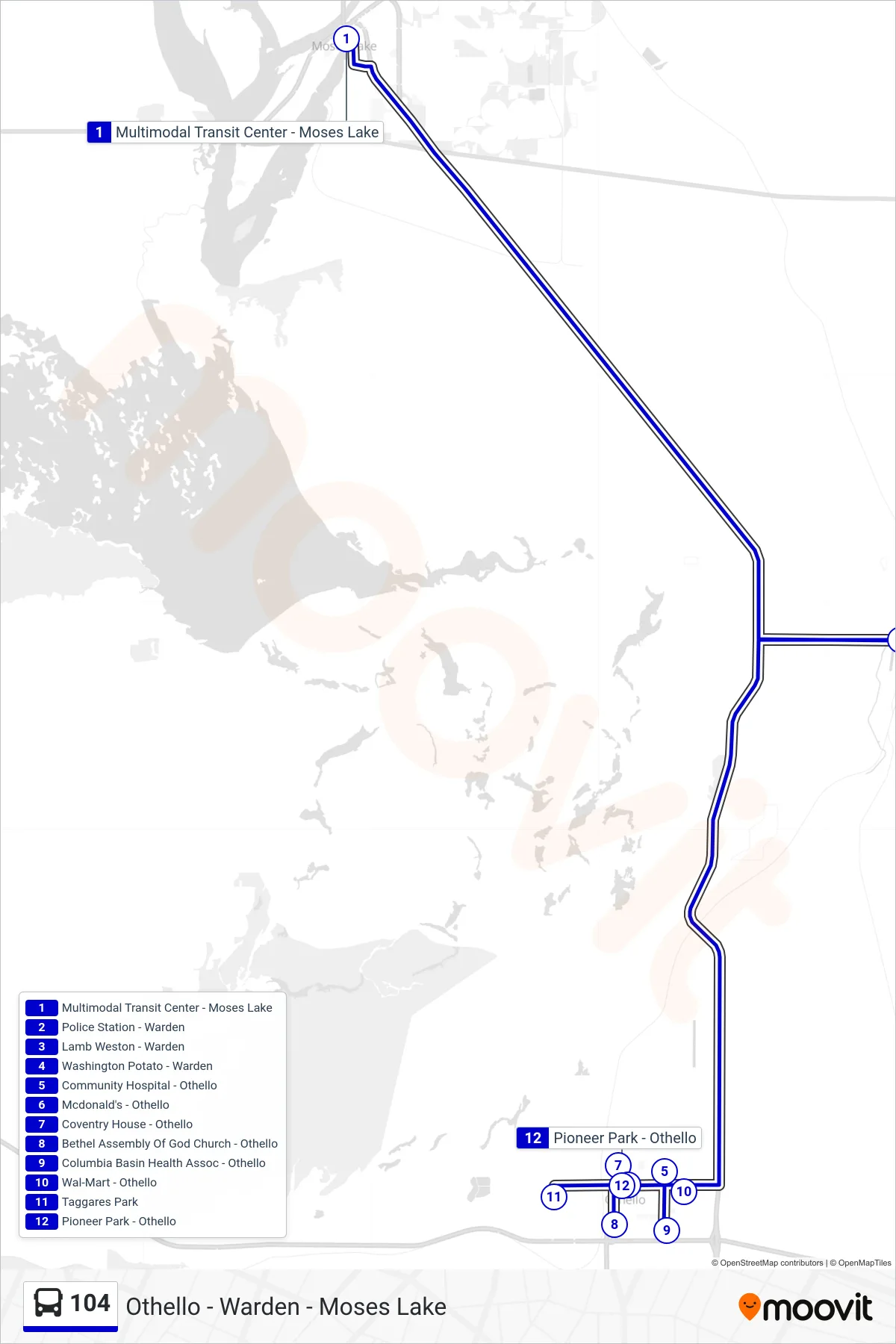 104 bus Line (Othello) route and stops on a map