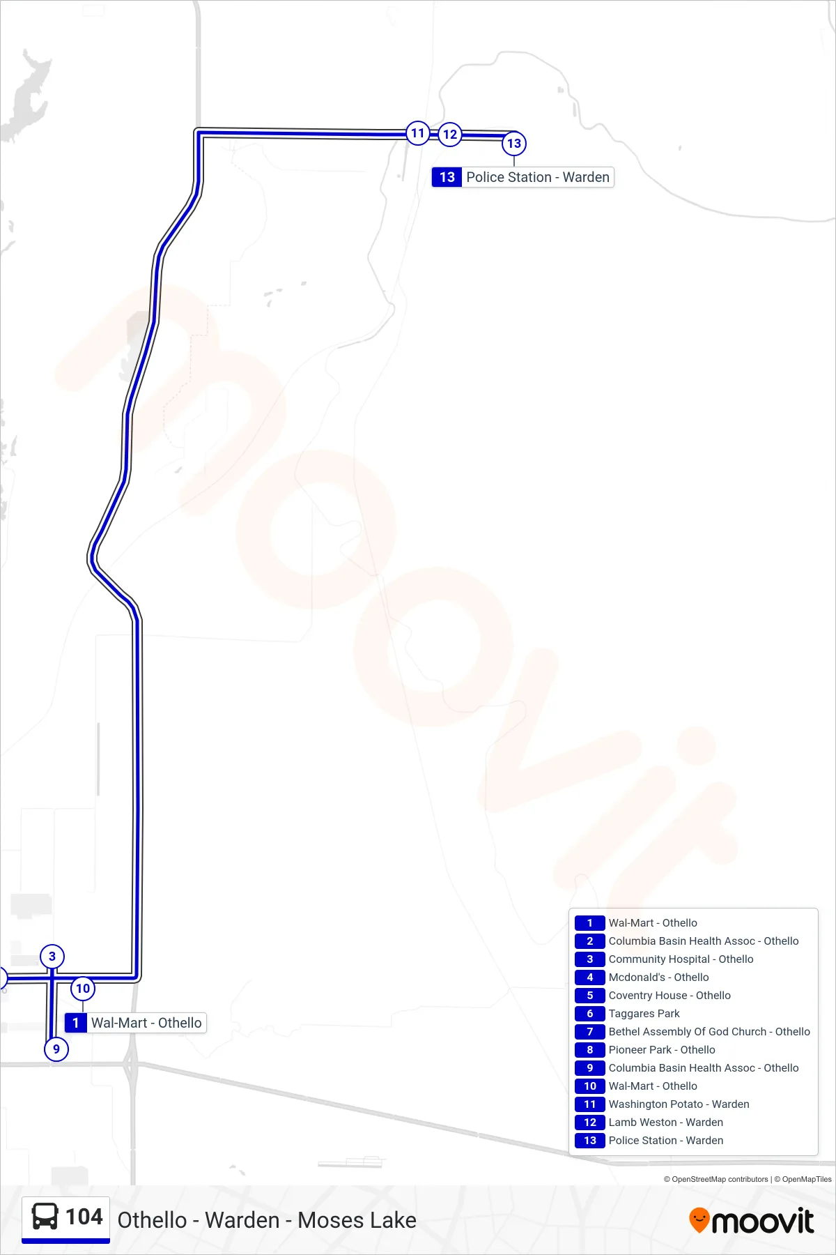 104 bus Line (Warden) route and stops on a map
