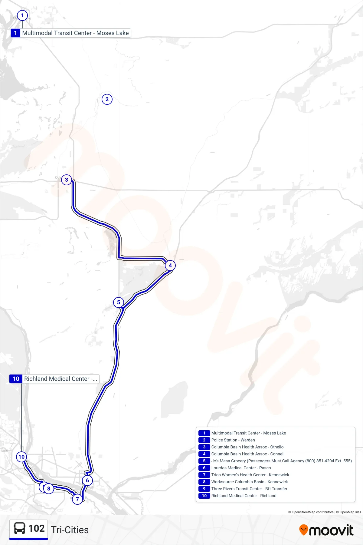 102 bus Line (Tri-Cities) route and stops on a map