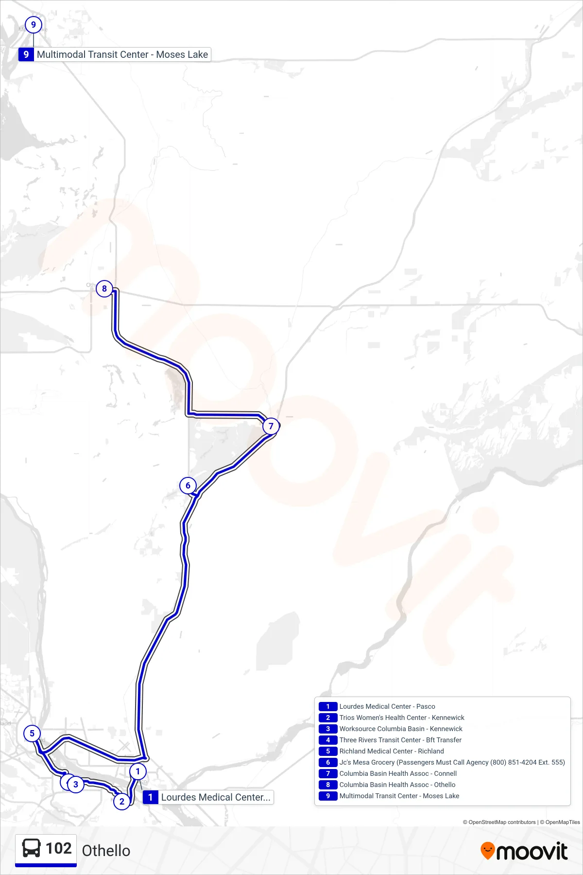 102 bus Line (Othello) route and stops on a map