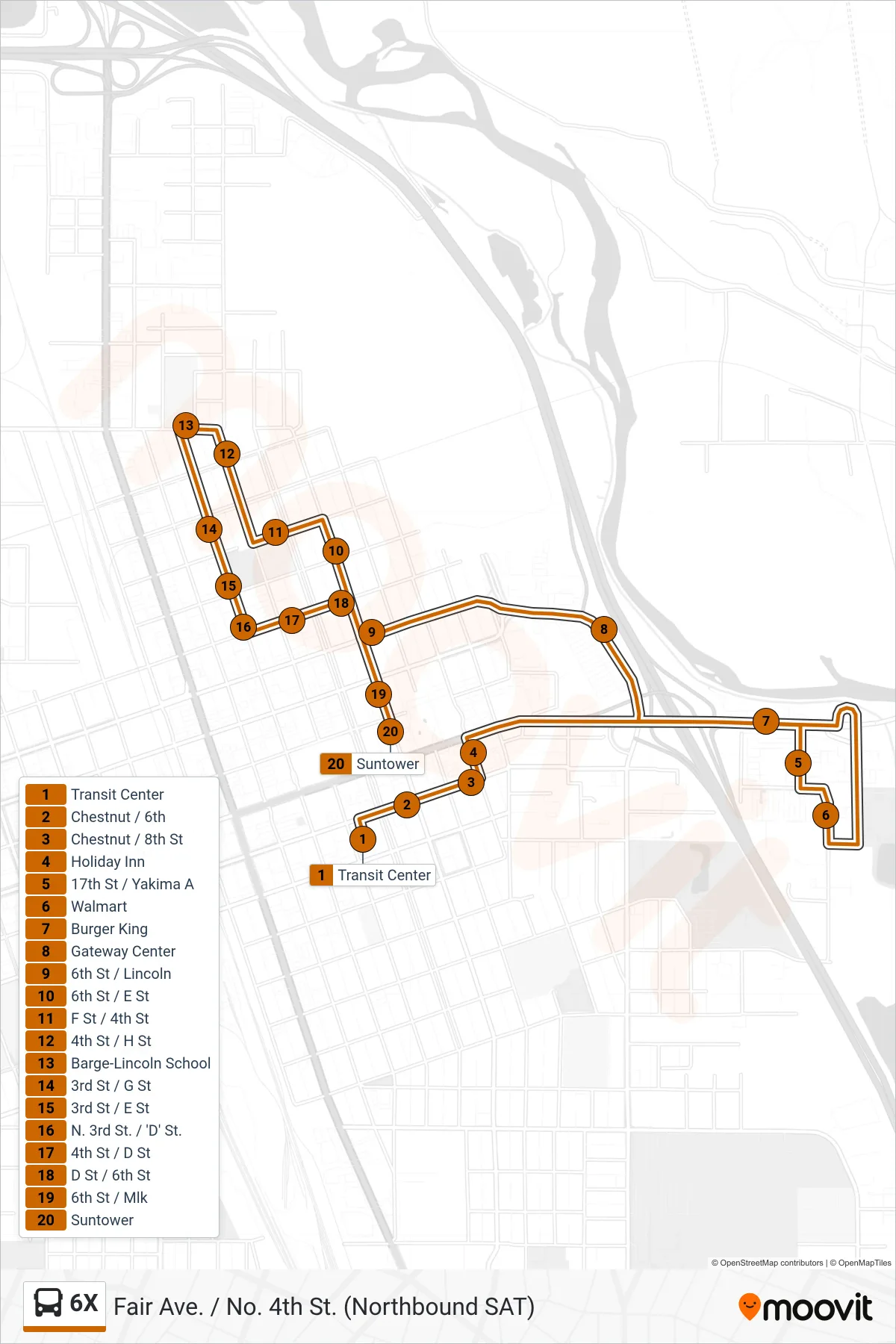 6X bus Line (Suntower) route and stops on a map
