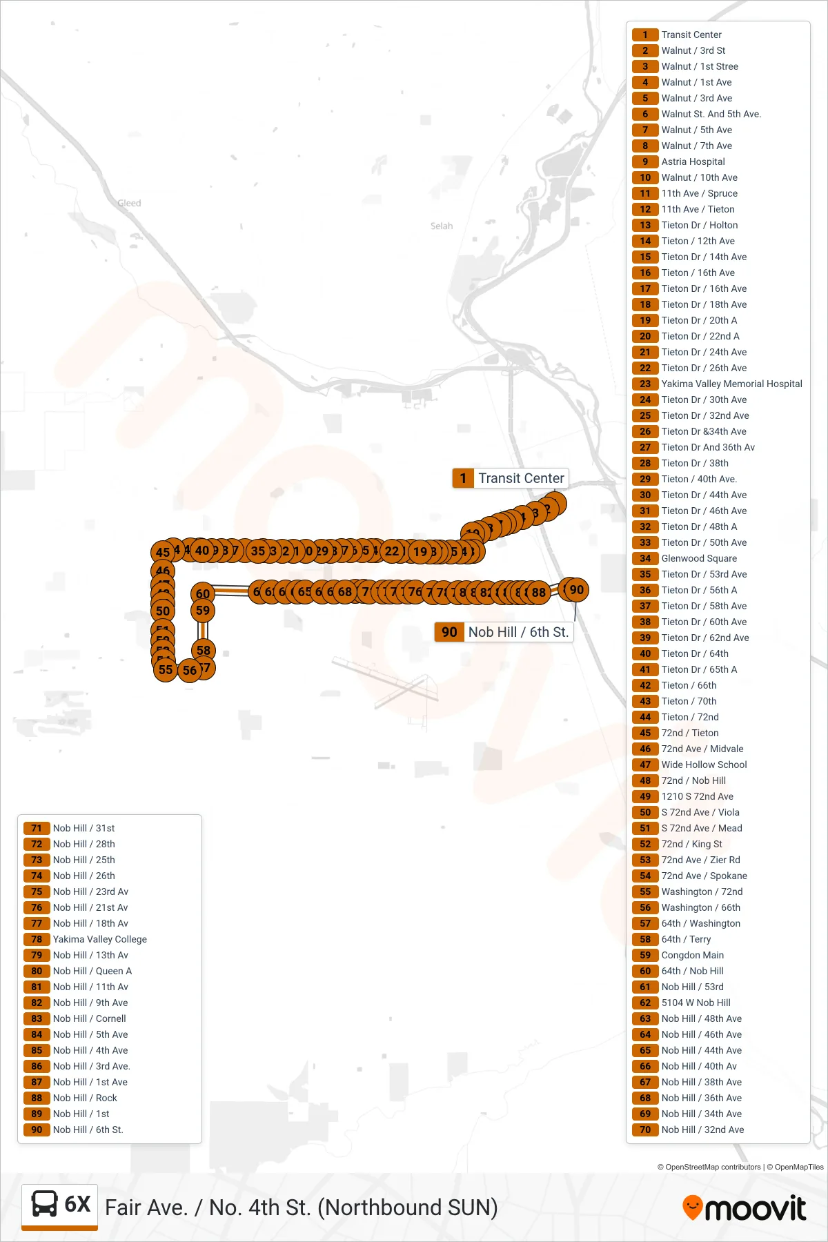 6X bus Line (Nob Hill / 6th St.) route and stops on a map