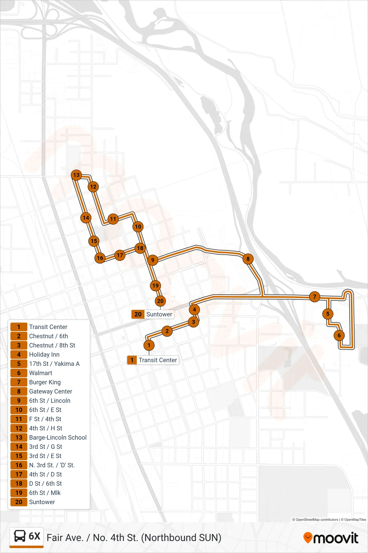 6X bus Line (Suntower) route and stops on a map