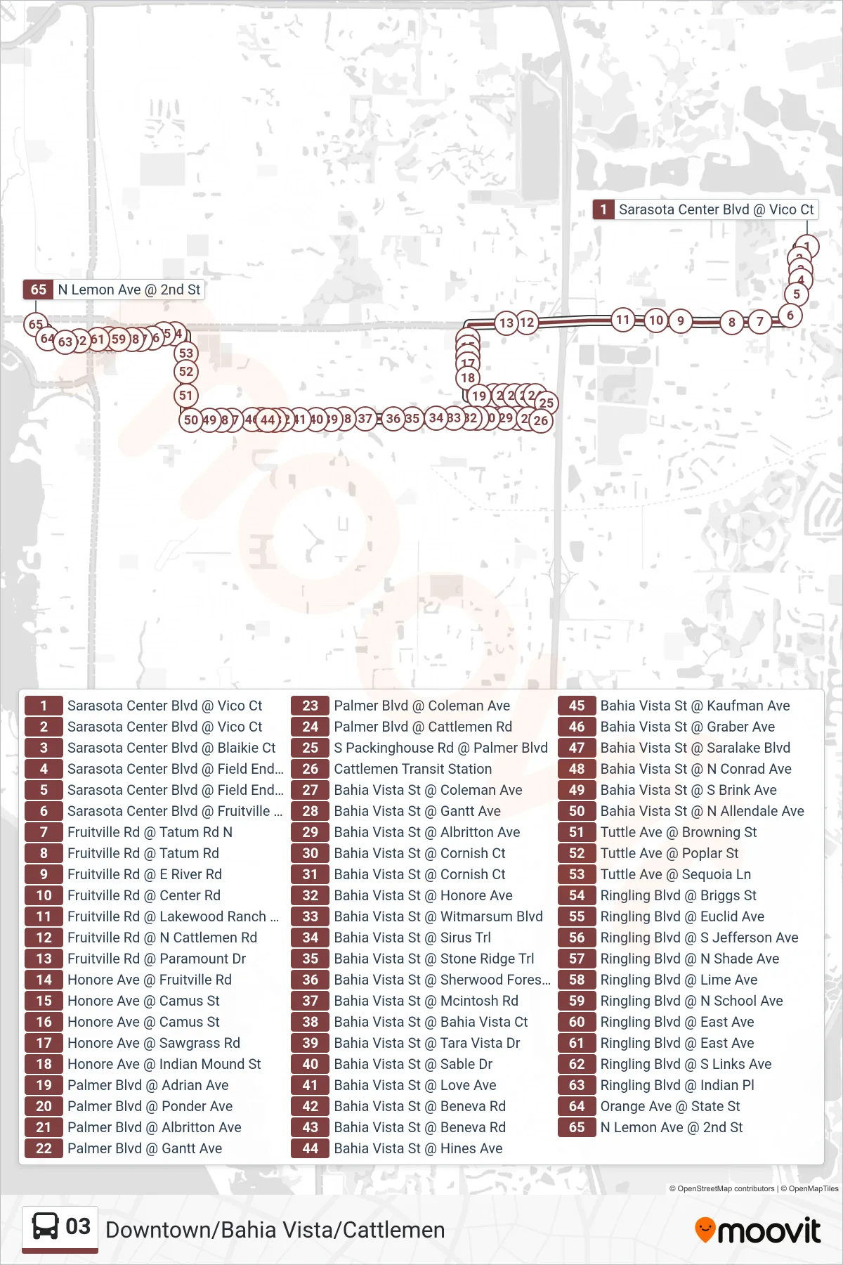 03 bus Line (Sarasota Center Blvd @ Vico Ct‎→N Lemon Ave @ 2nd St) route and stops on a map
