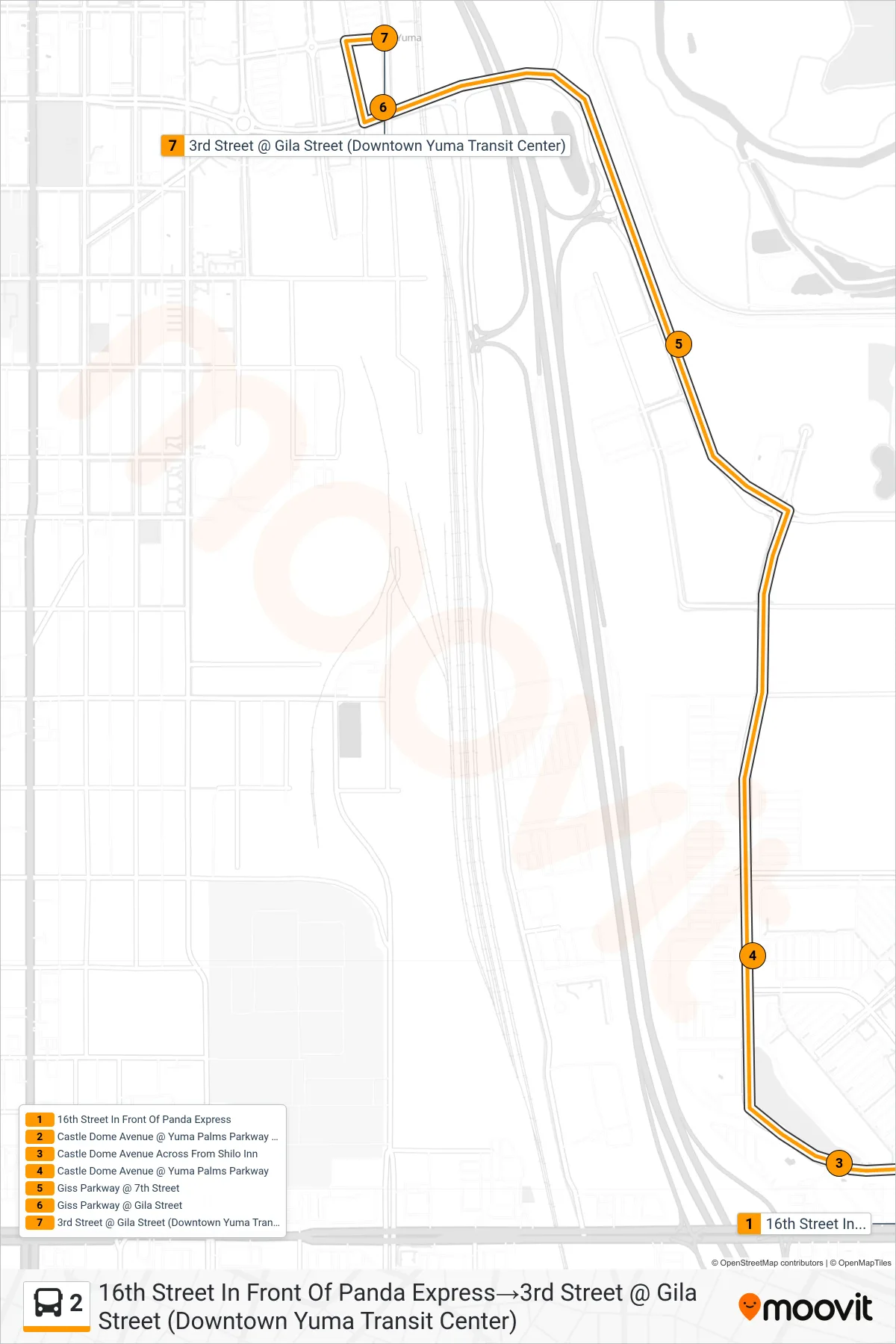 2 bus Line (16th Street In Front Of Panda Express‎→3rd Street @ Gila Street (Downtown Yuma Transit Center)) route and stops on a map