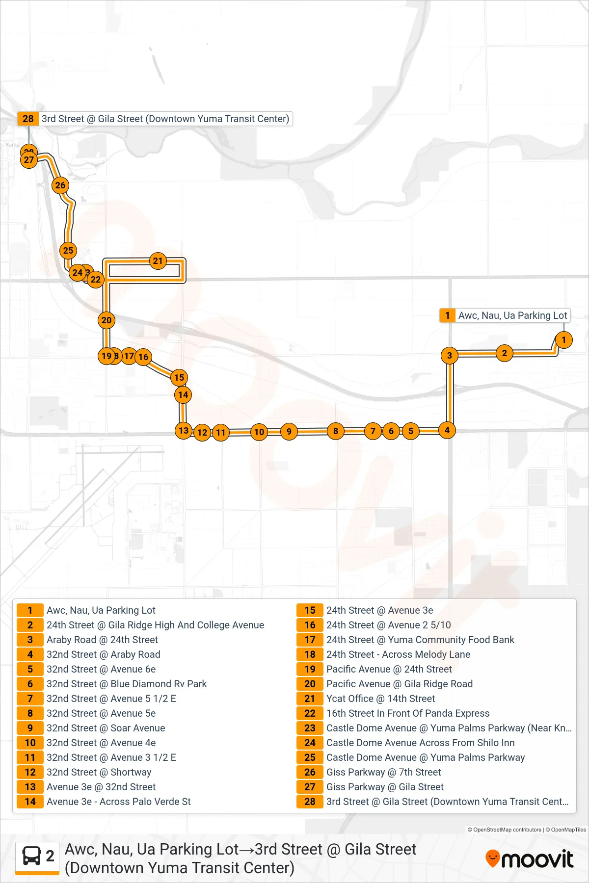 2 bus Line (Awc, Nau, Ua Parking Lot‎→3rd Street @ Gila Street (Downtown Yuma Transit Center)) route and stops on a map