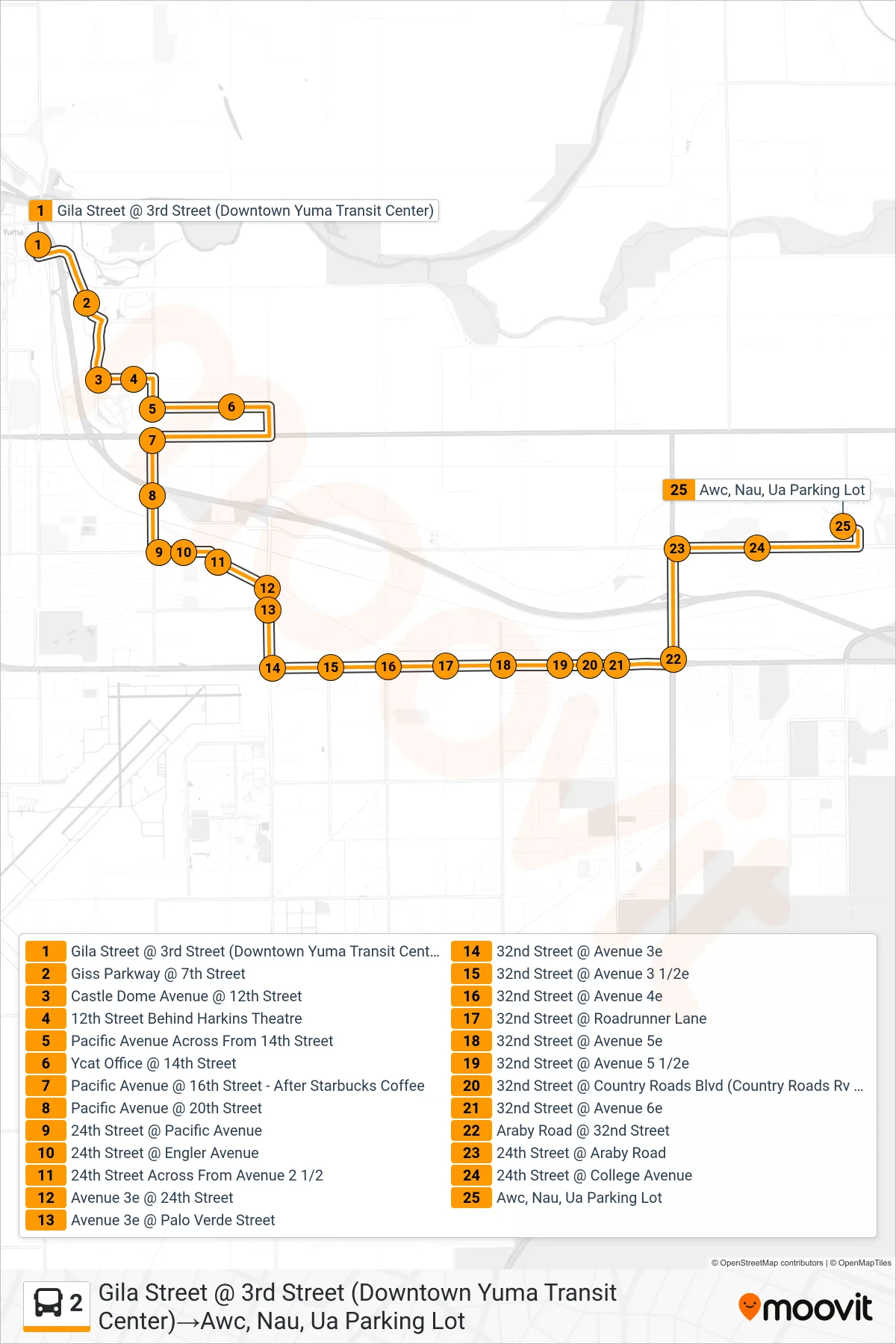 2 bus Line (Gila Street @ 3rd Street (Downtown Yuma Transit Center)‎→Awc, Nau, Ua Parking Lot) route and stops on a map