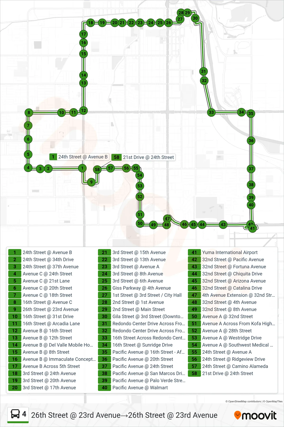 4 bus Line (26th Street @ 23rd Avenue→26th Street @ 23rd Avenue) route and stops on a map