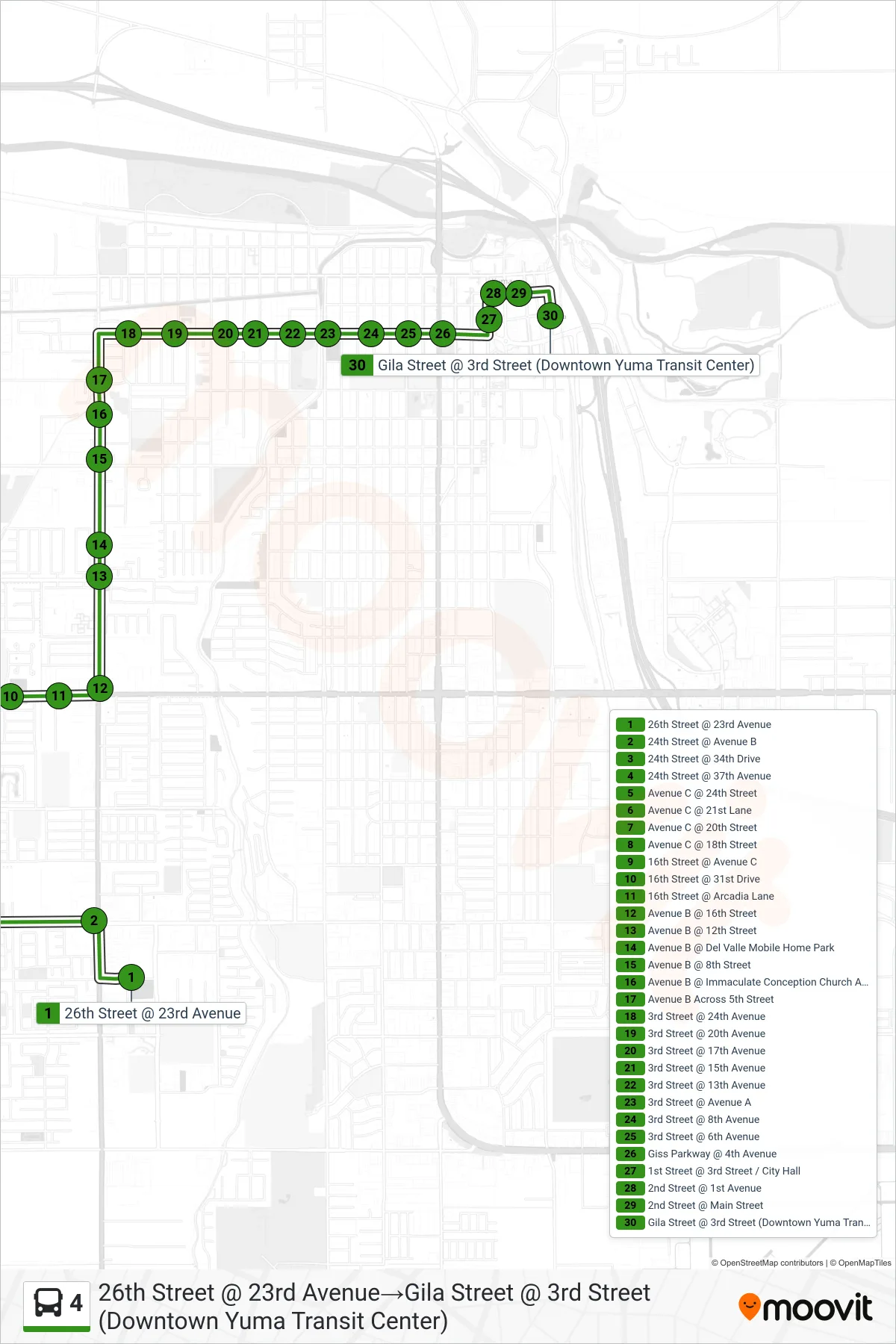 4 bus Line (26th Street @ 23rd Avenue→Gila Street @ 3rd Street (Downtown Yuma Transit Center)) route and stops on a map