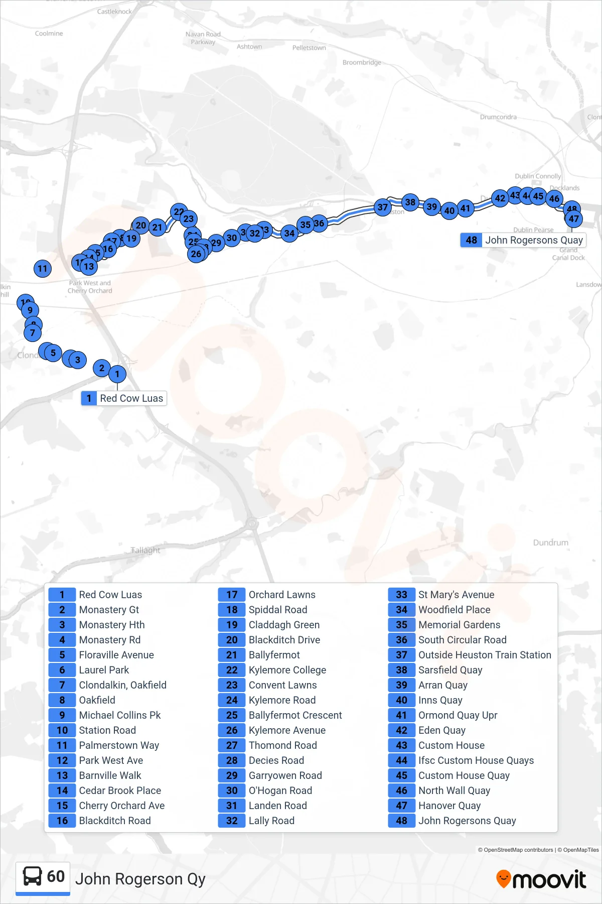 60 bus Line (John Rogerson Qy) route and stops on a map