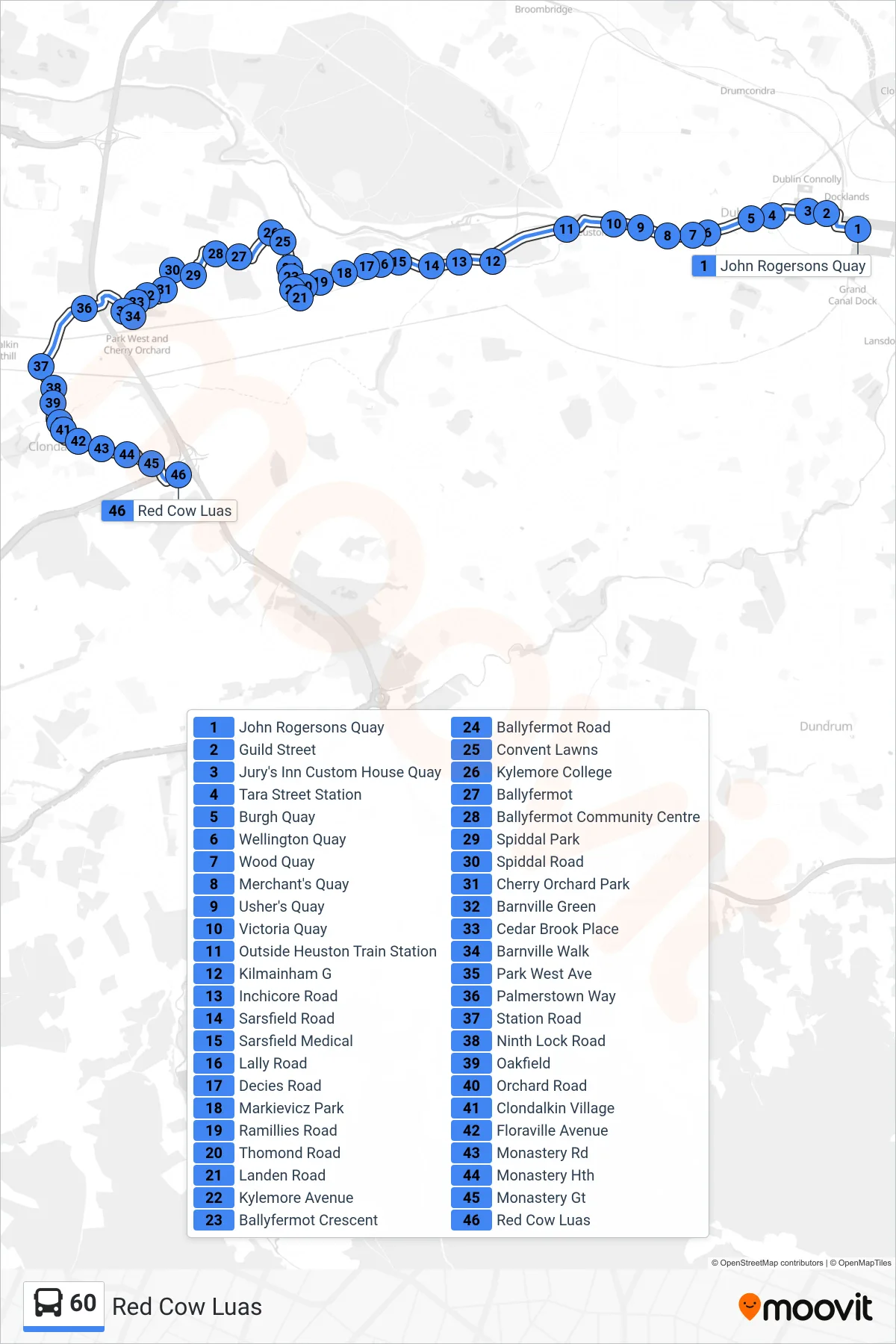 60 bus Line (Red Cow Luas) route and stops on a map