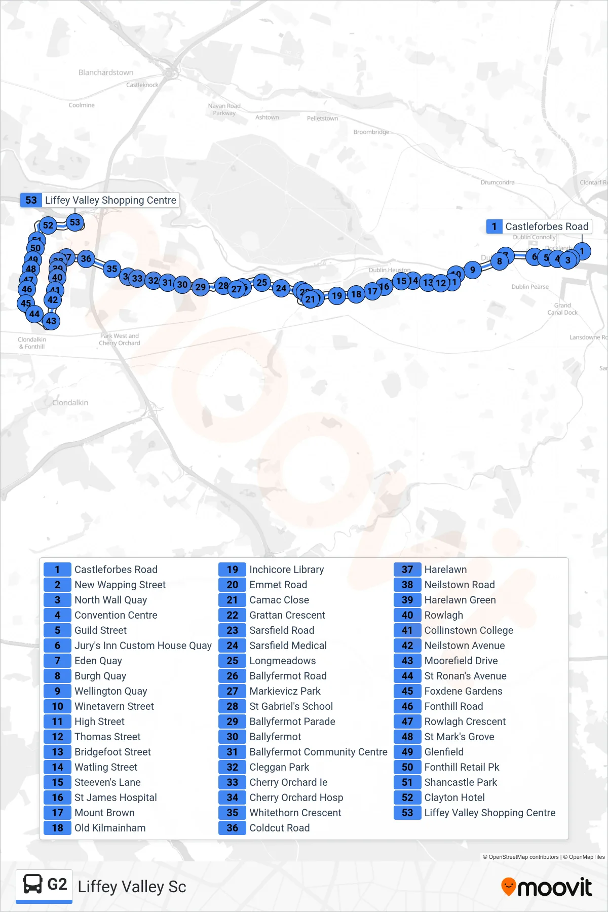 G2 bus Line (Liffey Valley Sc) route and stops on a map