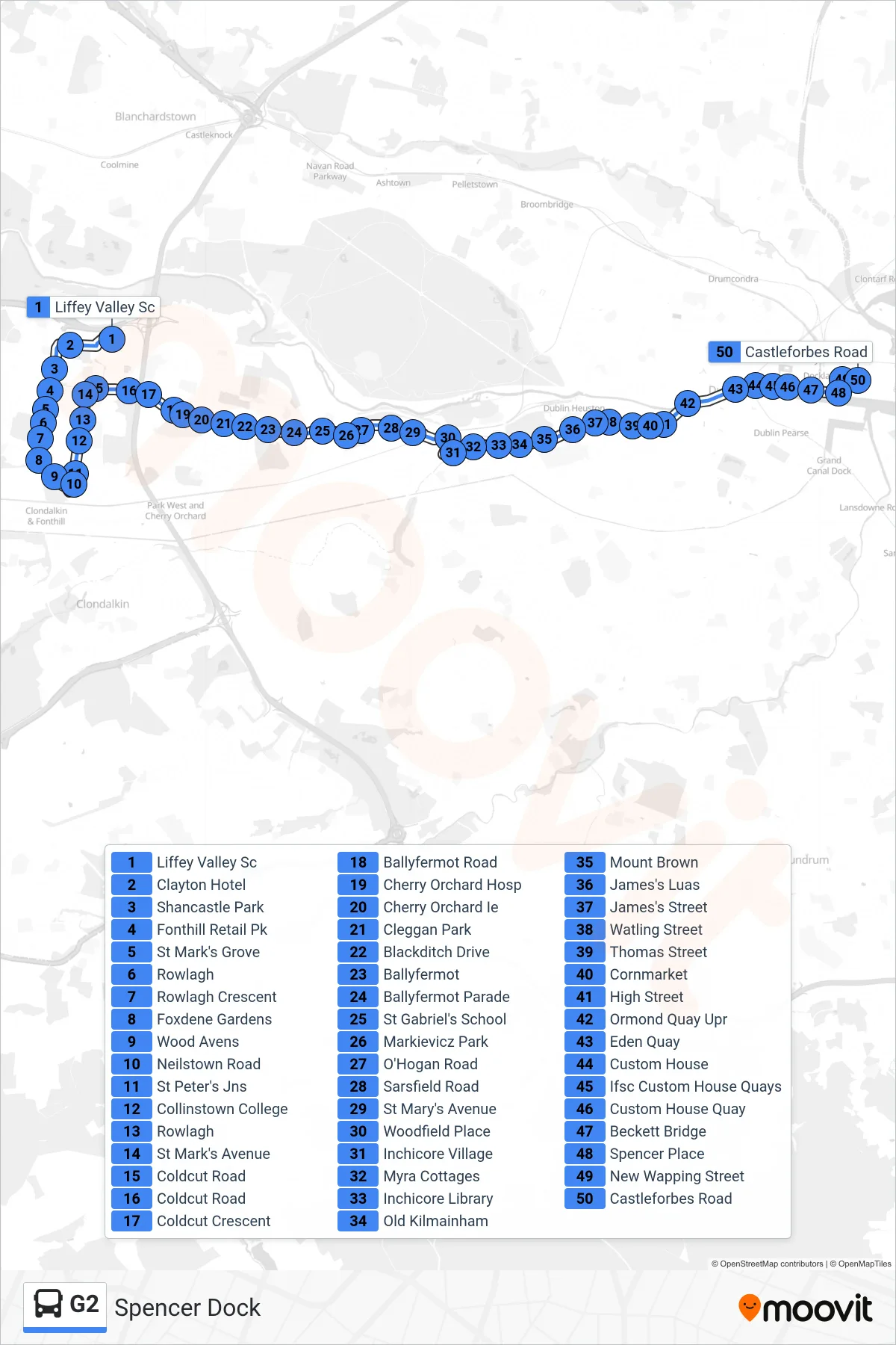 G2 bus Line (Spencer Dock) route and stops on a map