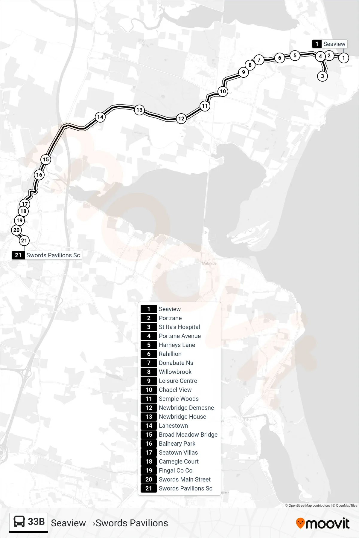 33B bus Line (Seaview→Swords Pavilions) route and stops on a map