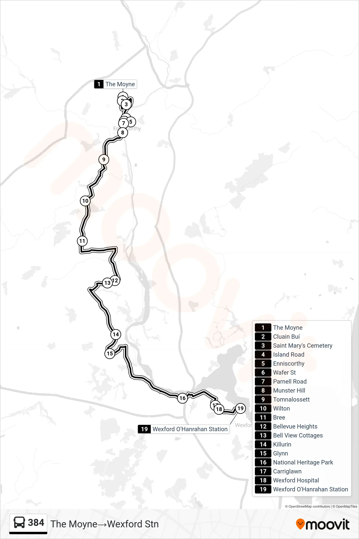 384 bus Line (The Moyne→Wexford Stn) route and stops on a map