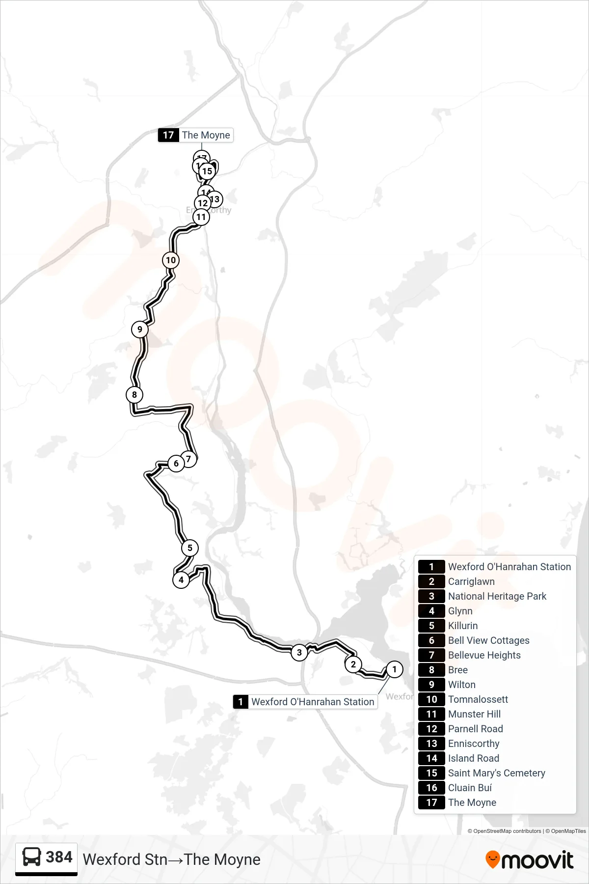384 bus Line (Wexford Stn→The Moyne) route and stops on a map