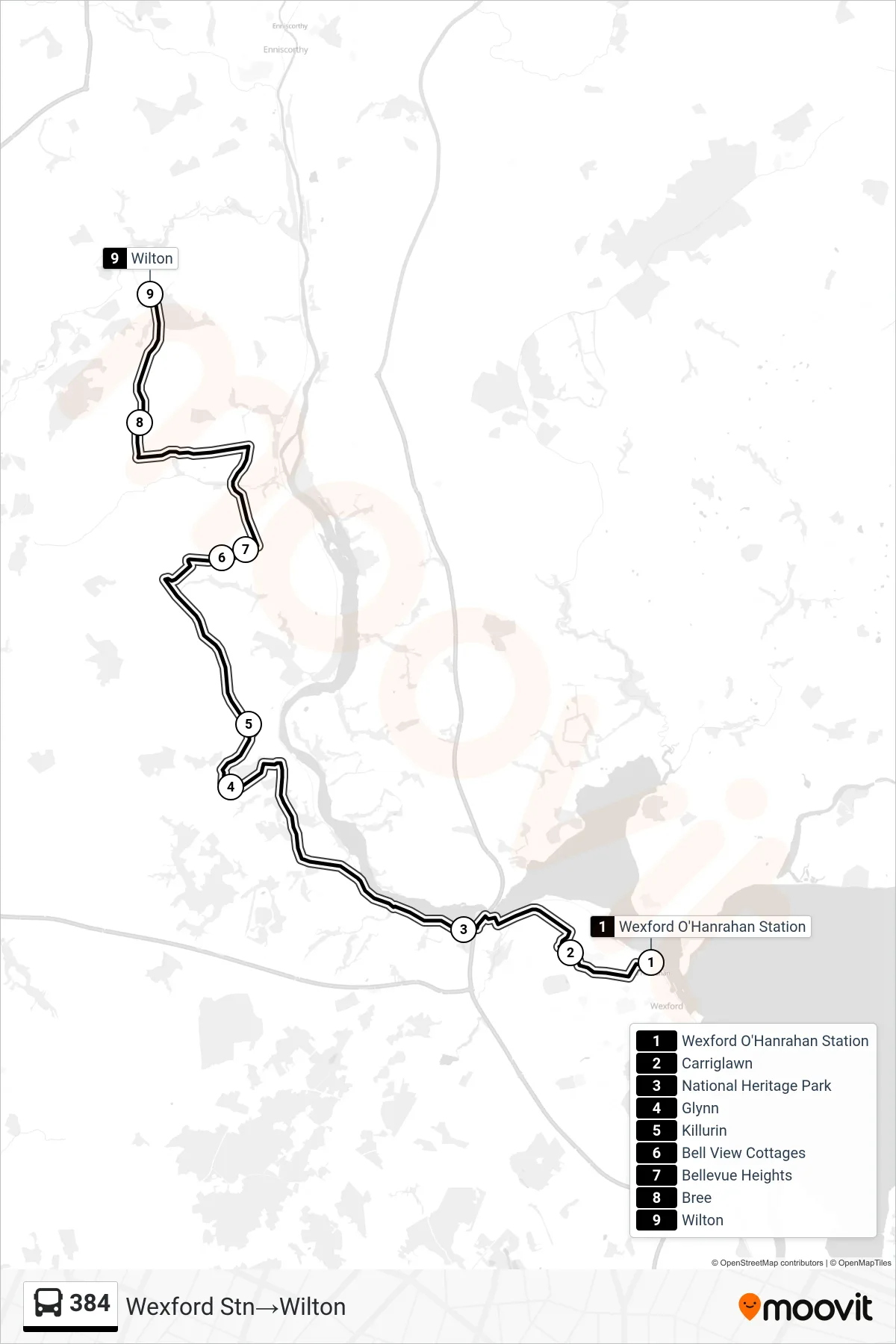384 bus Line (Wexford Stn‎→Wilton) route and stops on a map