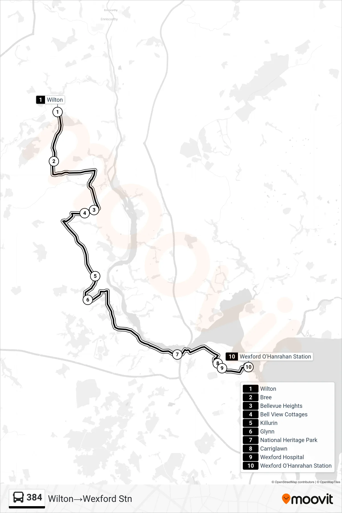 384 bus Line (Wilton→Wexford Stn) route and stops on a map