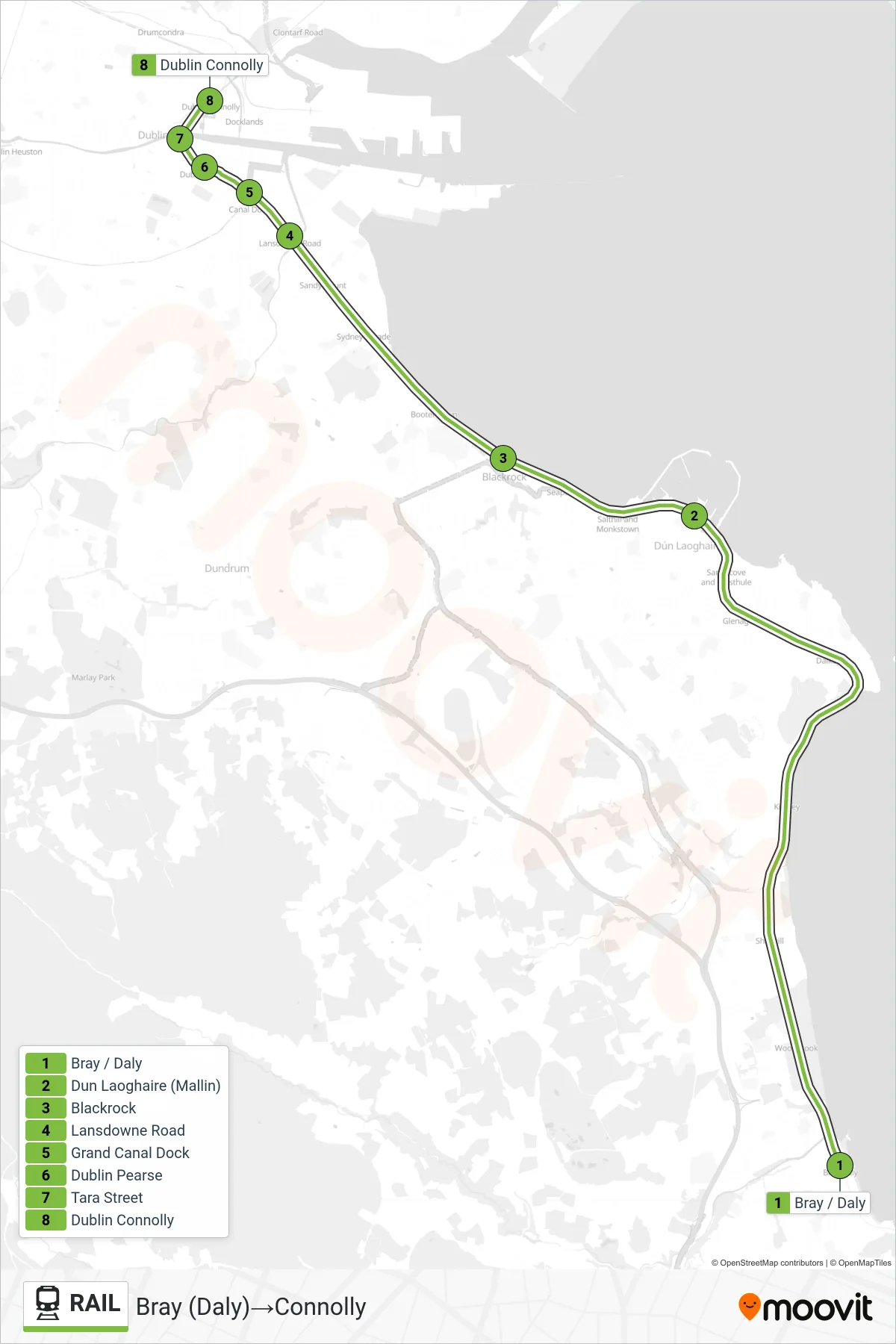 RAIL train Line (Bray (Daly)→Connolly) route and stops on a map