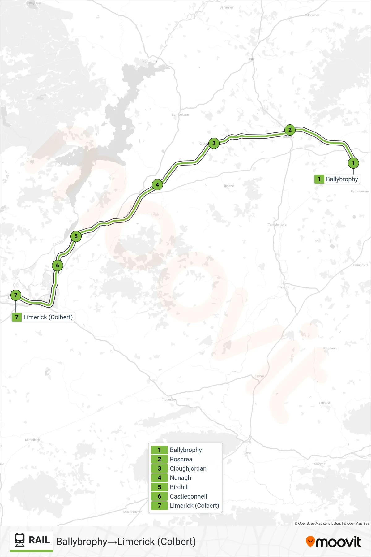 RAIL train Line (Ballybrophy→Limerick (Colbert)) route and stops on a map