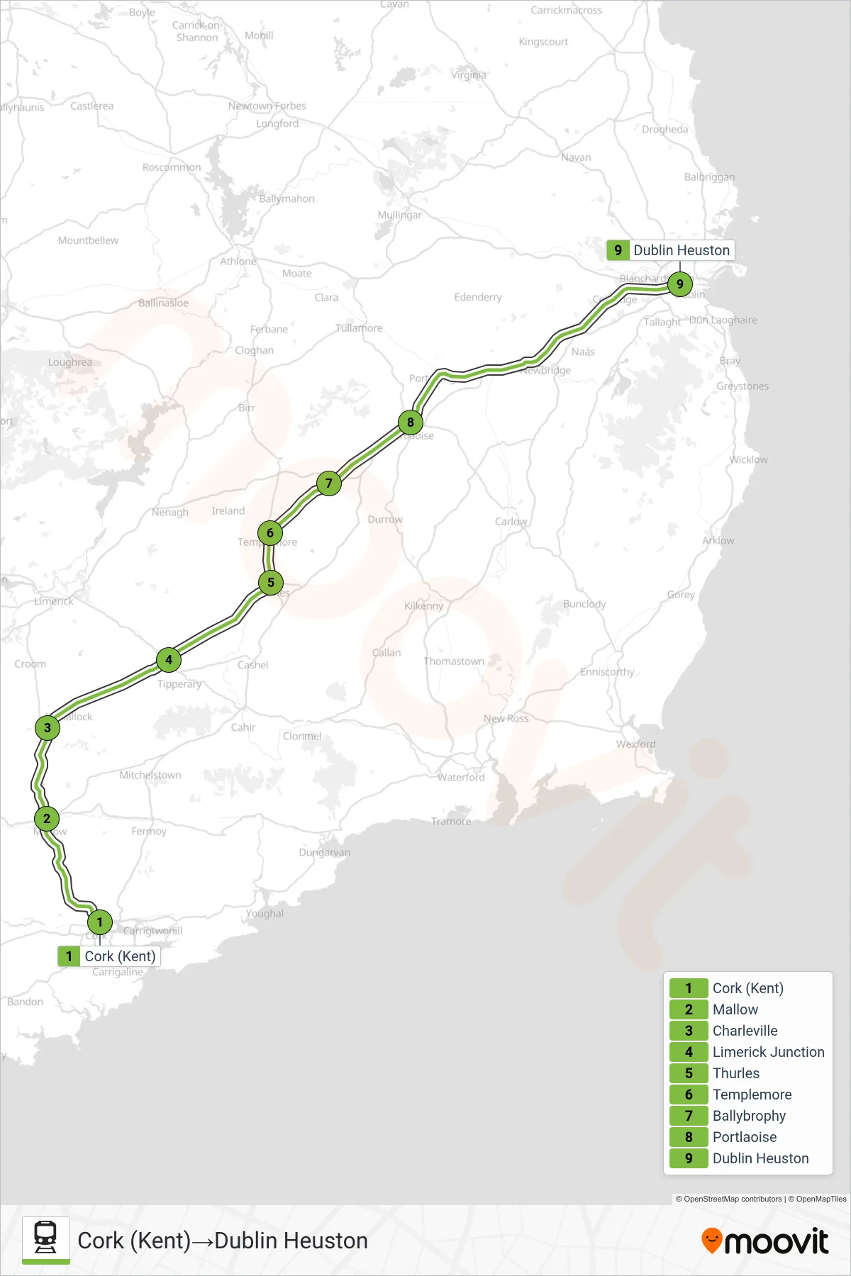 INTERCITY train Line (Cork (Kent)‎→Dublin Heuston) route and stops on a map