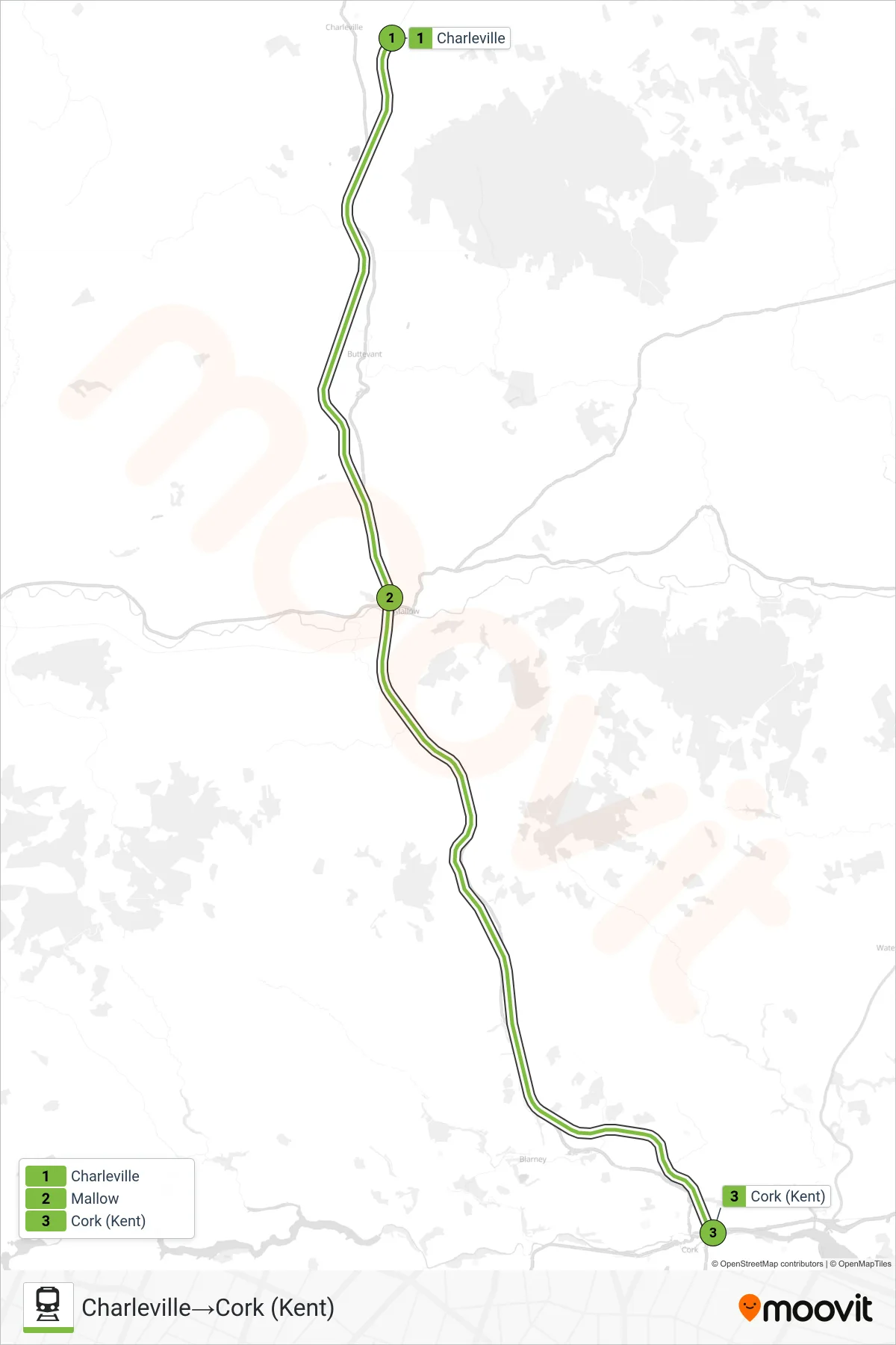 INTERCITY train Line (Charleville→Cork (Kent)) route and stops on a map