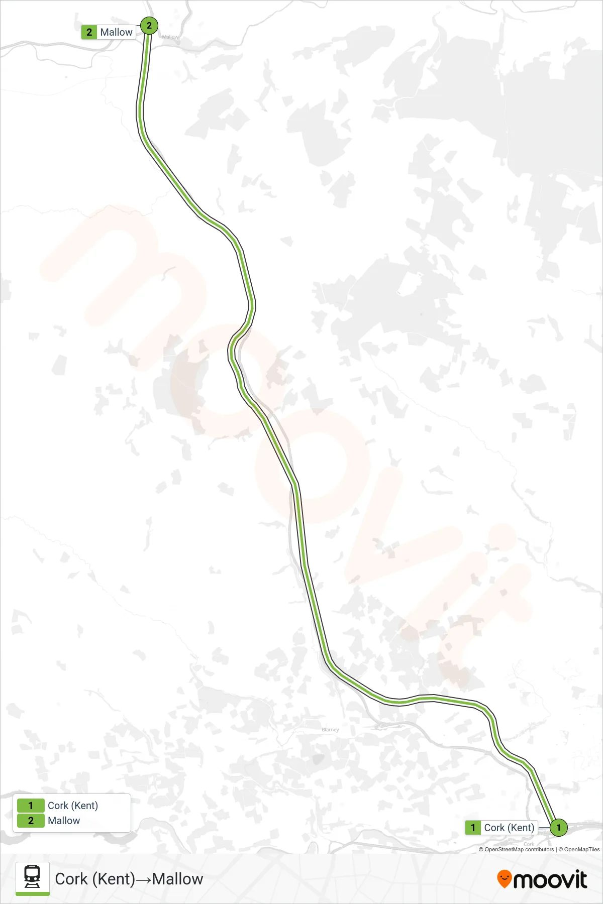INTERCITY train Line (Cork (Kent)‎→Mallow) route and stops on a map