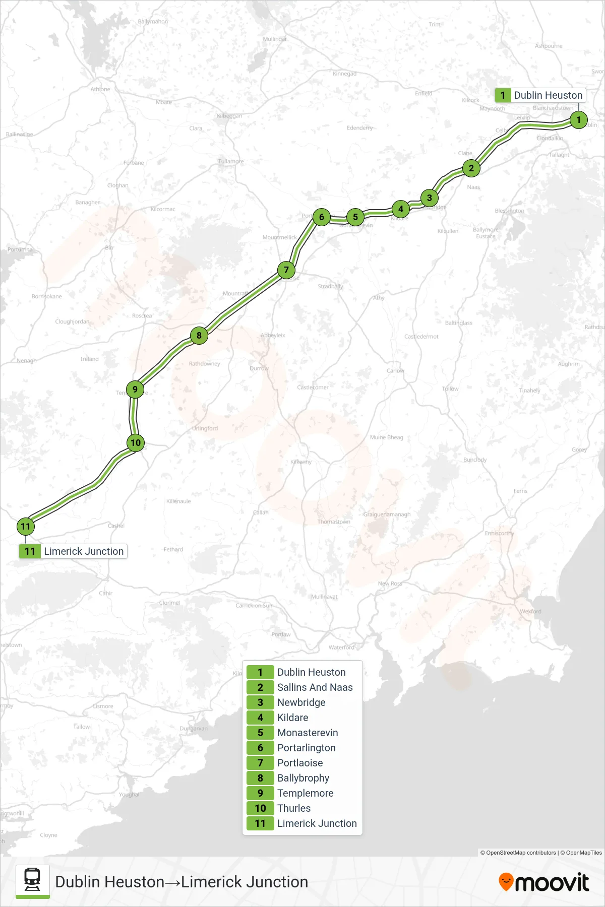 INTERCITY train Line (Dublin Heuston‎→Limerick Junction) route and stops on a map