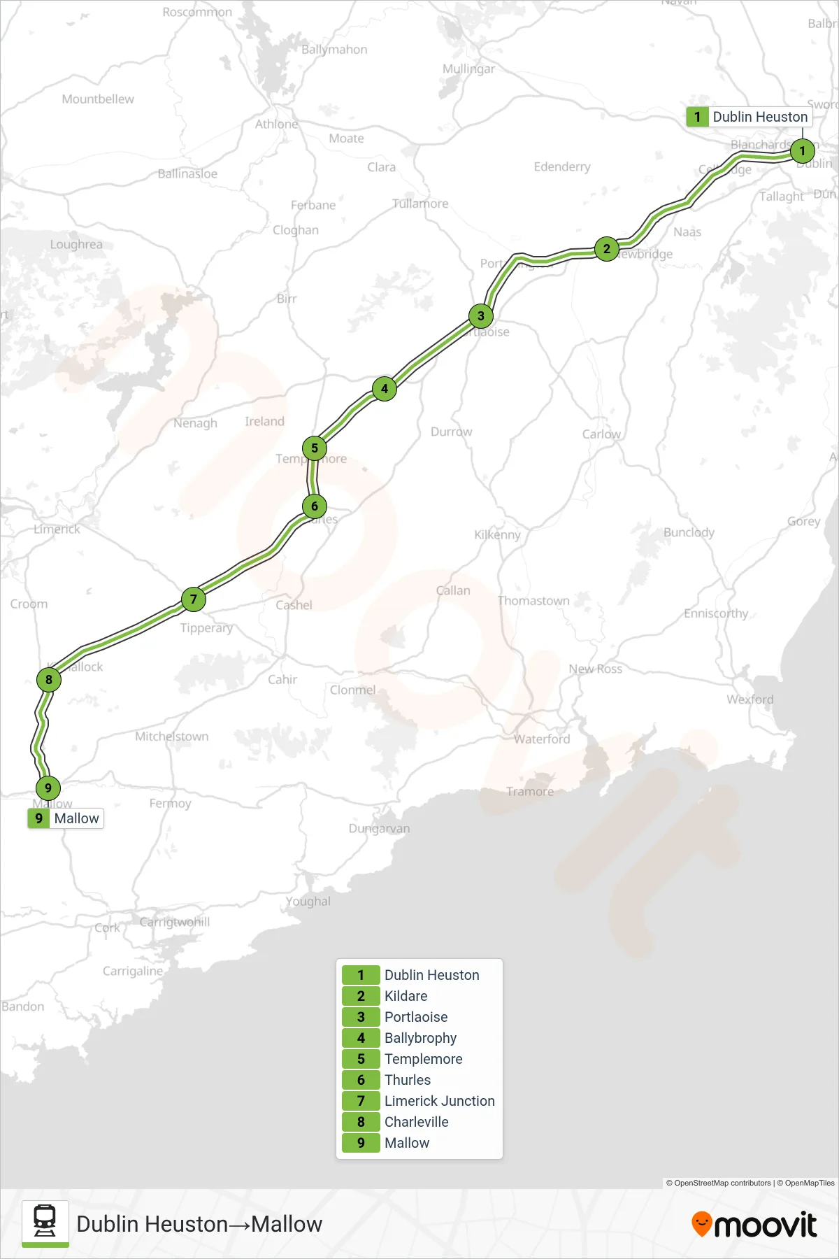INTERCITY train Line (Dublin Heuston‎→Mallow) route and stops on a map