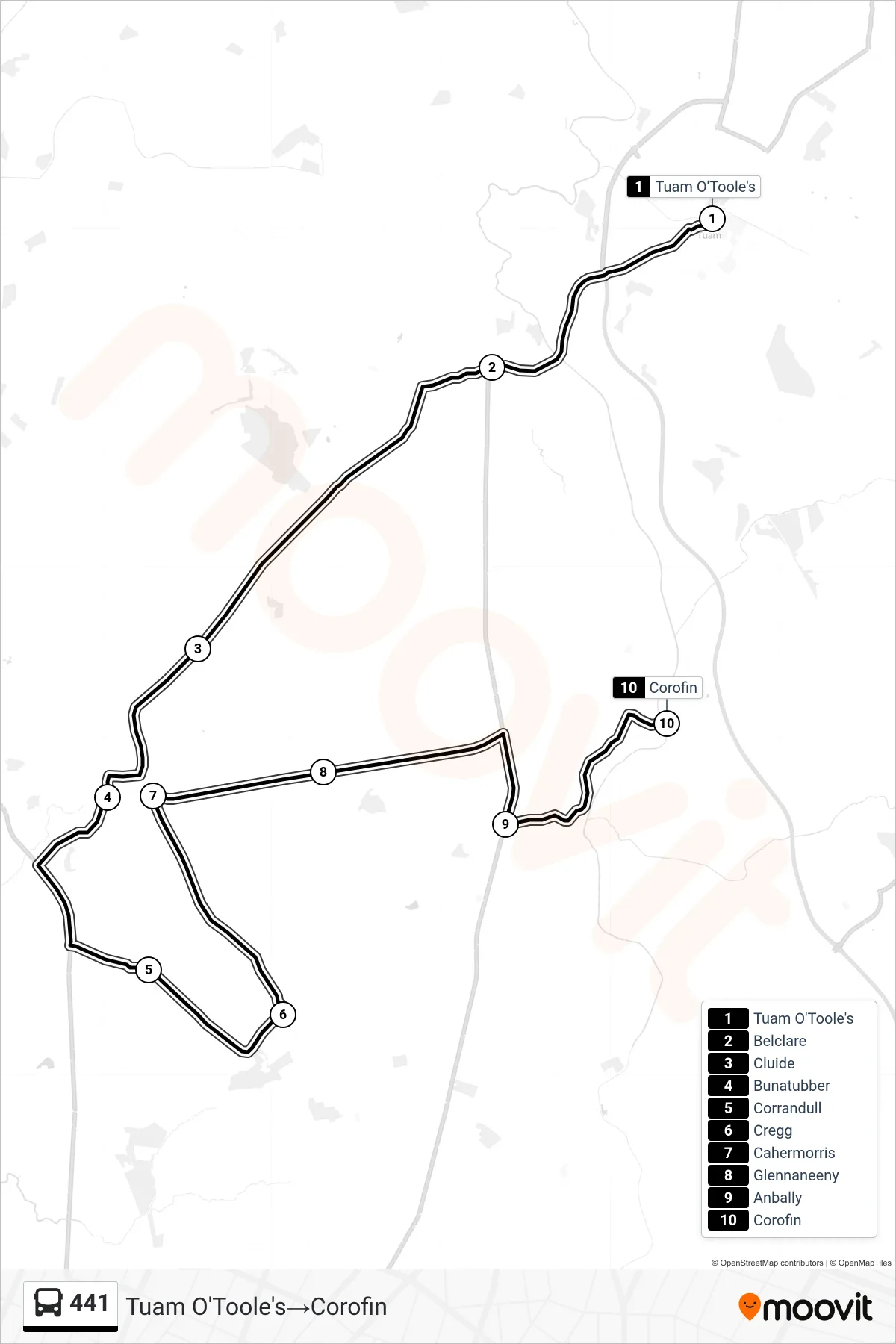 441 bus Line (Tuam O'Toole's→Corofin) route and stops on a map