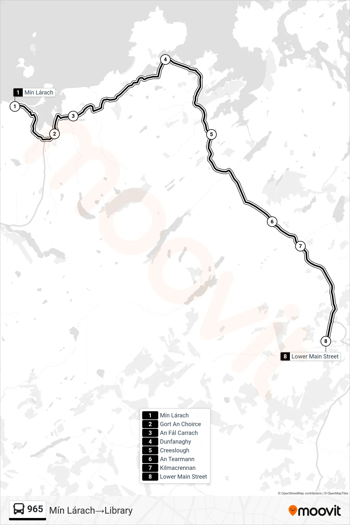 965 bus Line (Mín Lárach‎→Library) route and stops on a map