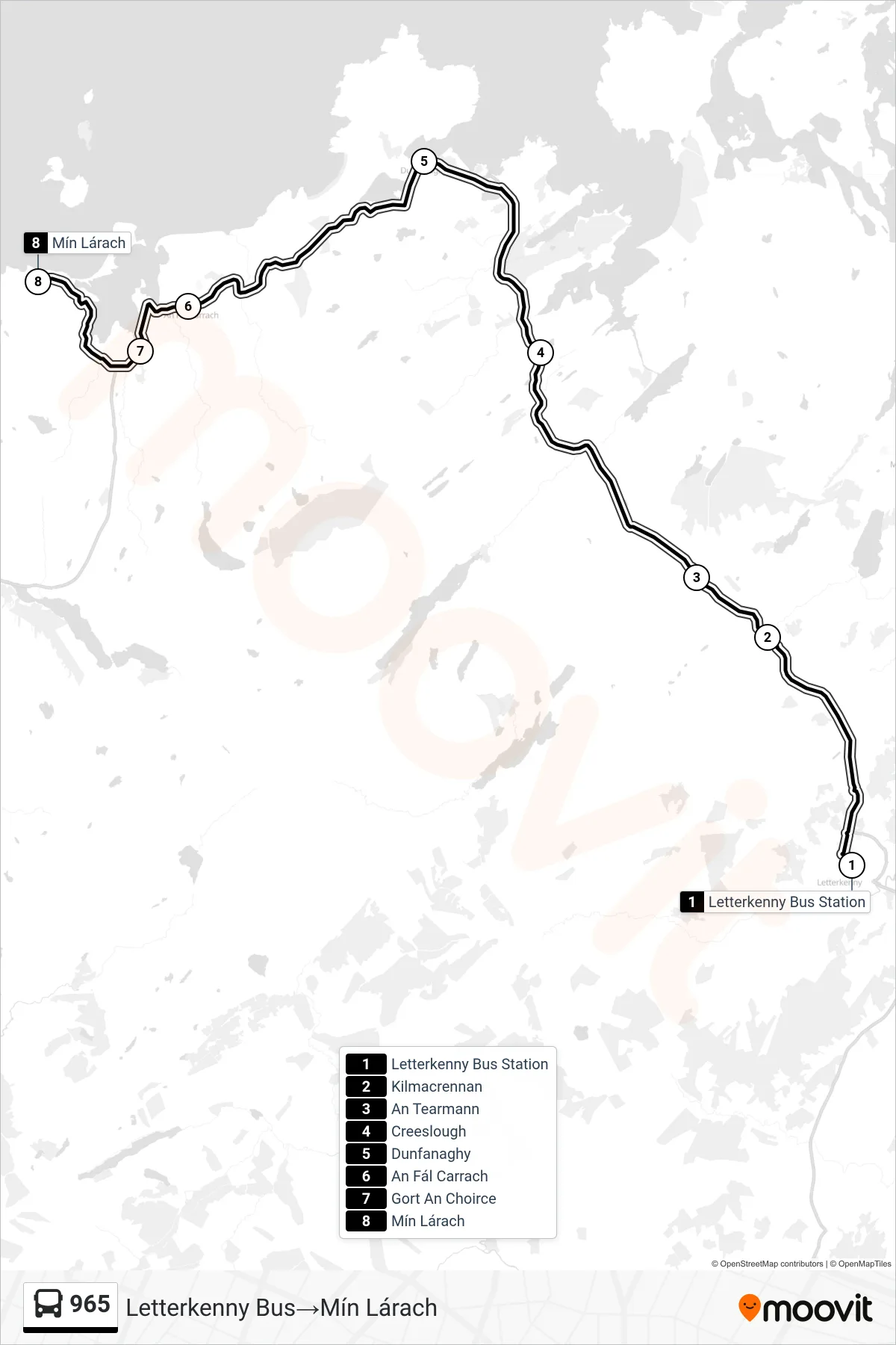 965 bus Line (Letterkenny Bus‎→Mín Lárach) route and stops on a map